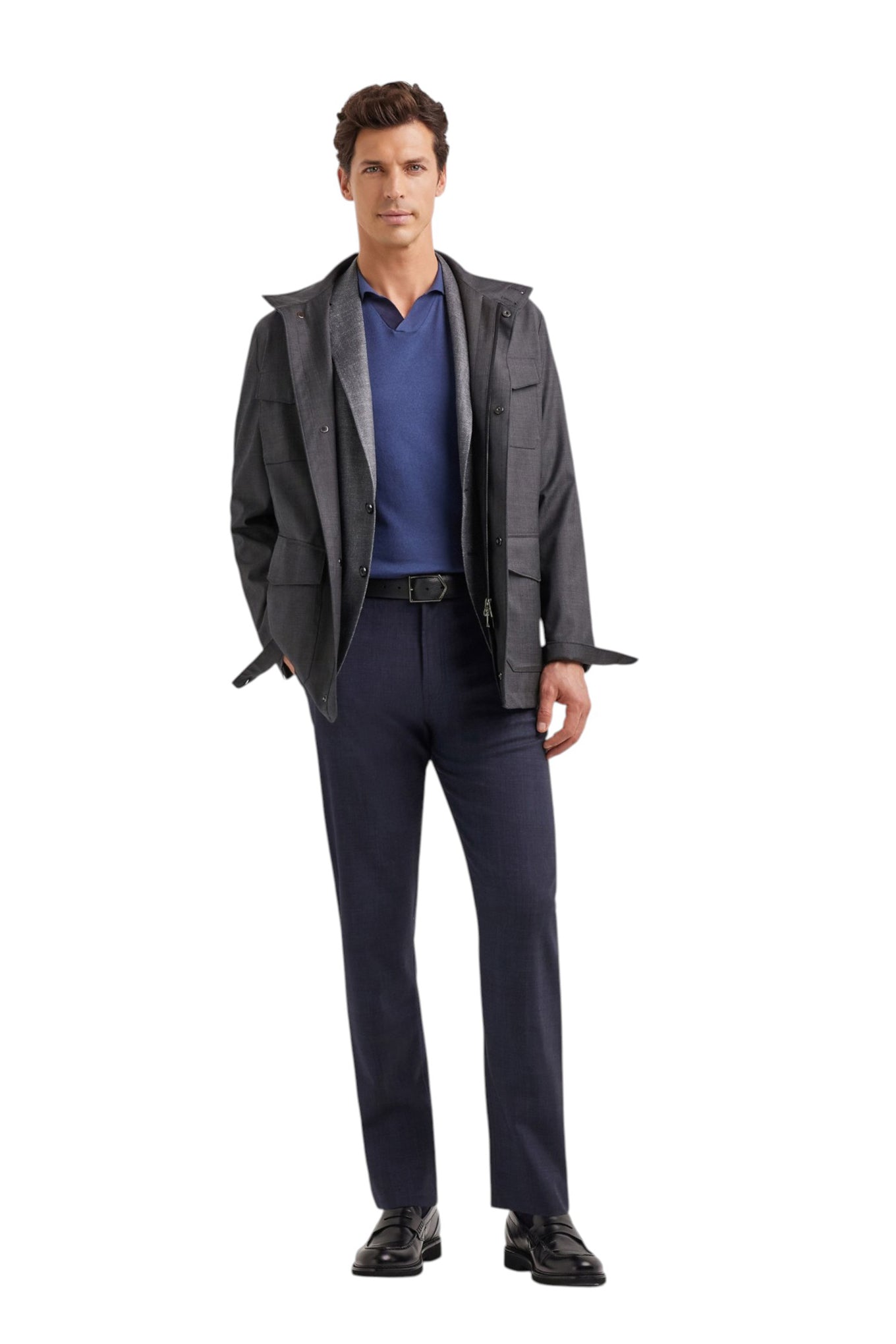 Air force blue polo shirt in cotton modal with leather details