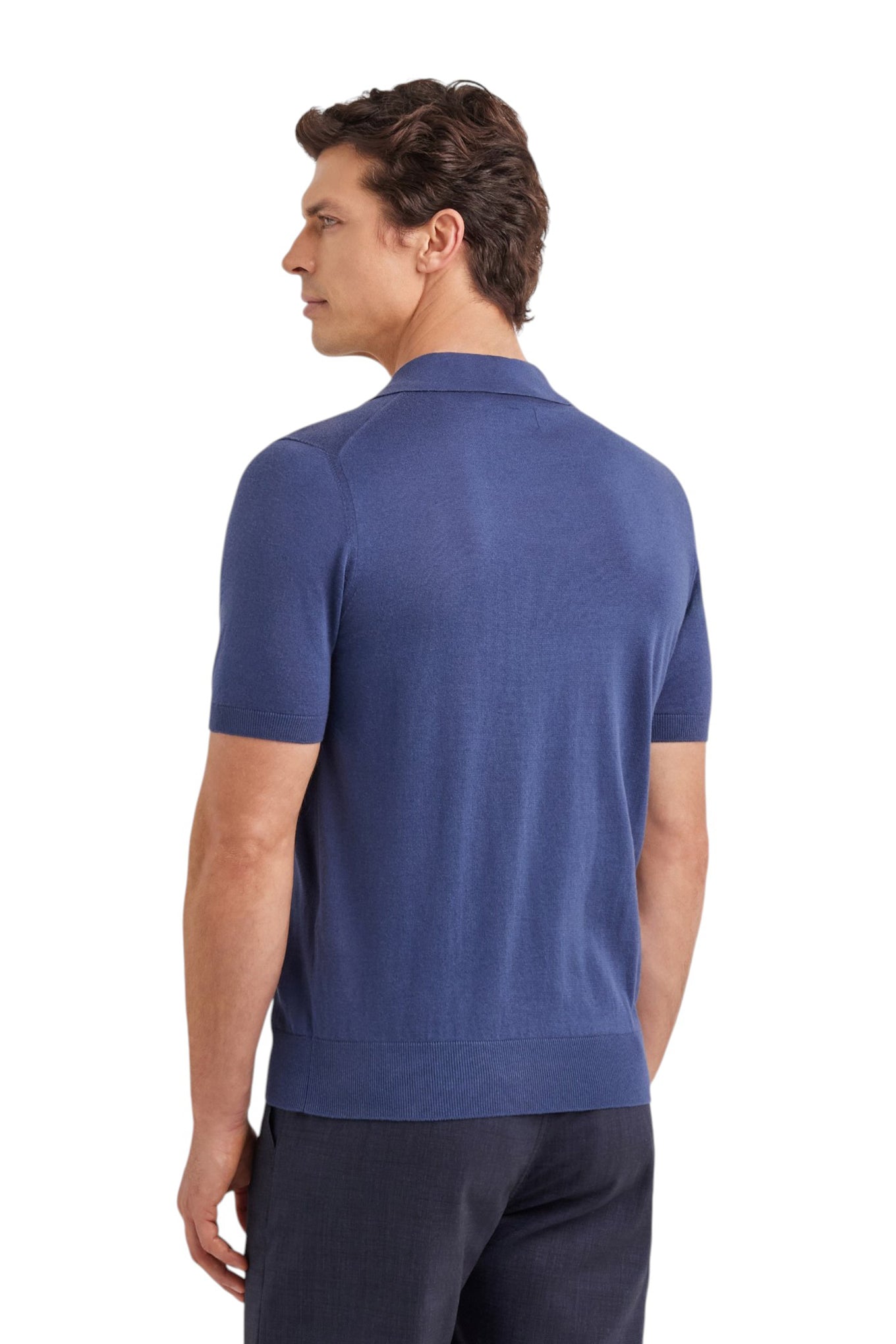 Air force blue polo shirt in cotton modal with leather details