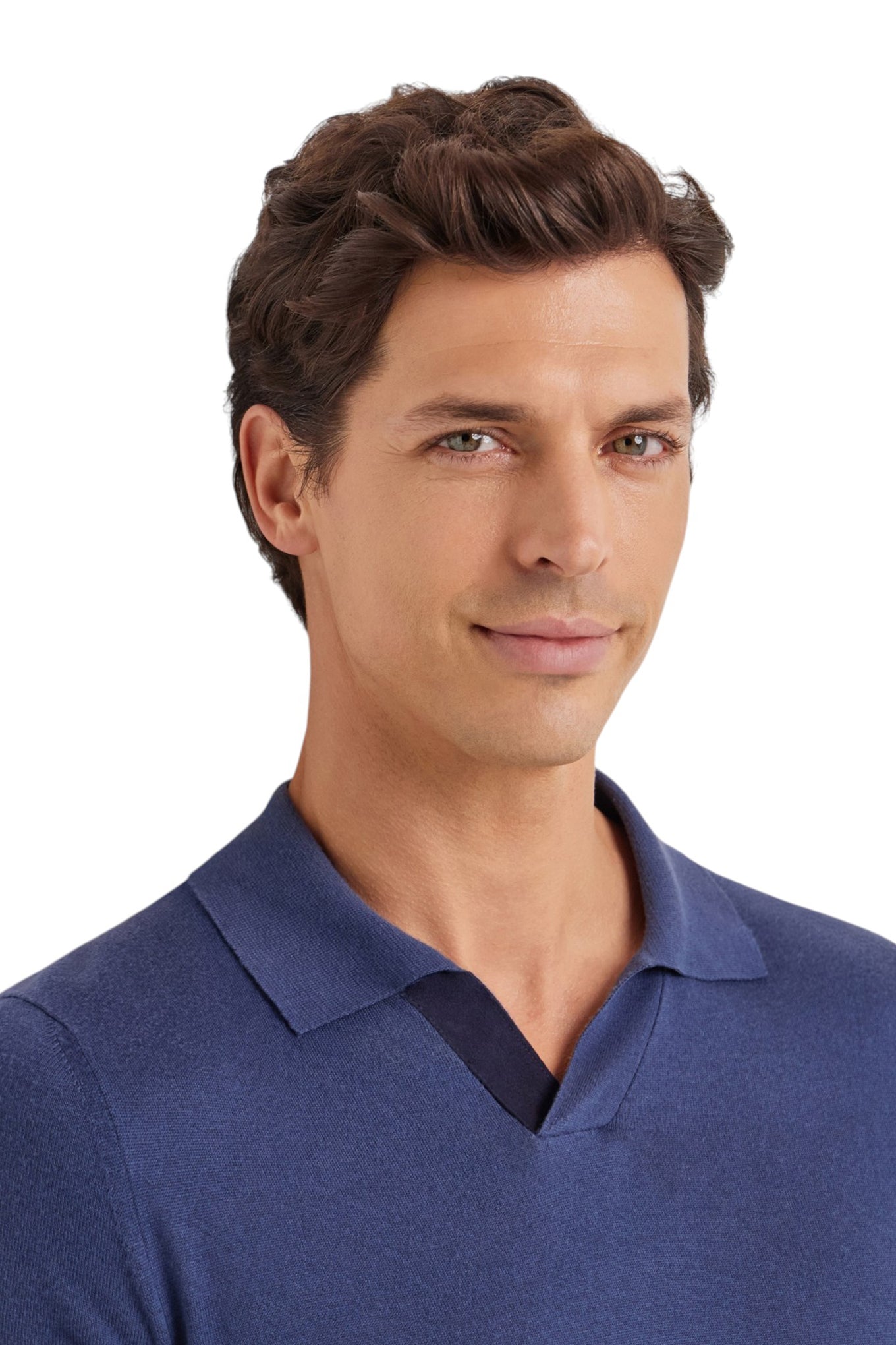 Air force blue polo shirt in cotton modal with leather details