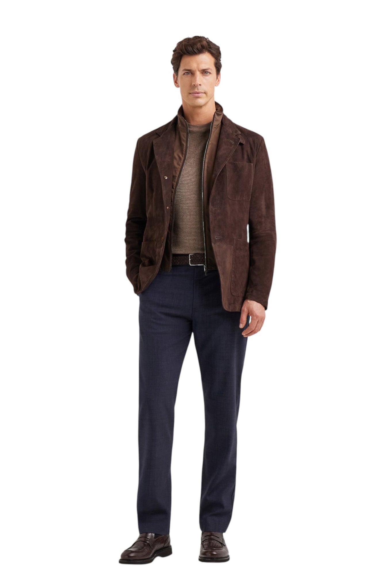 Walnut short-sleeved, wool and silk blend crew neck