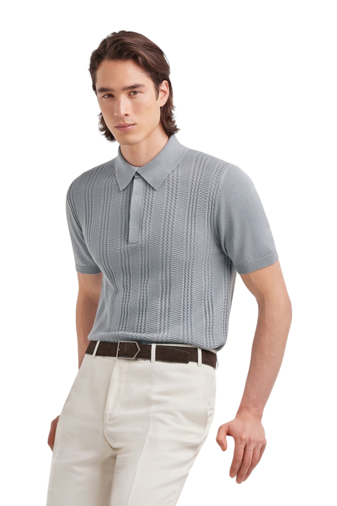 Brianza green cotton and modal polo shirt with vertical workmanship