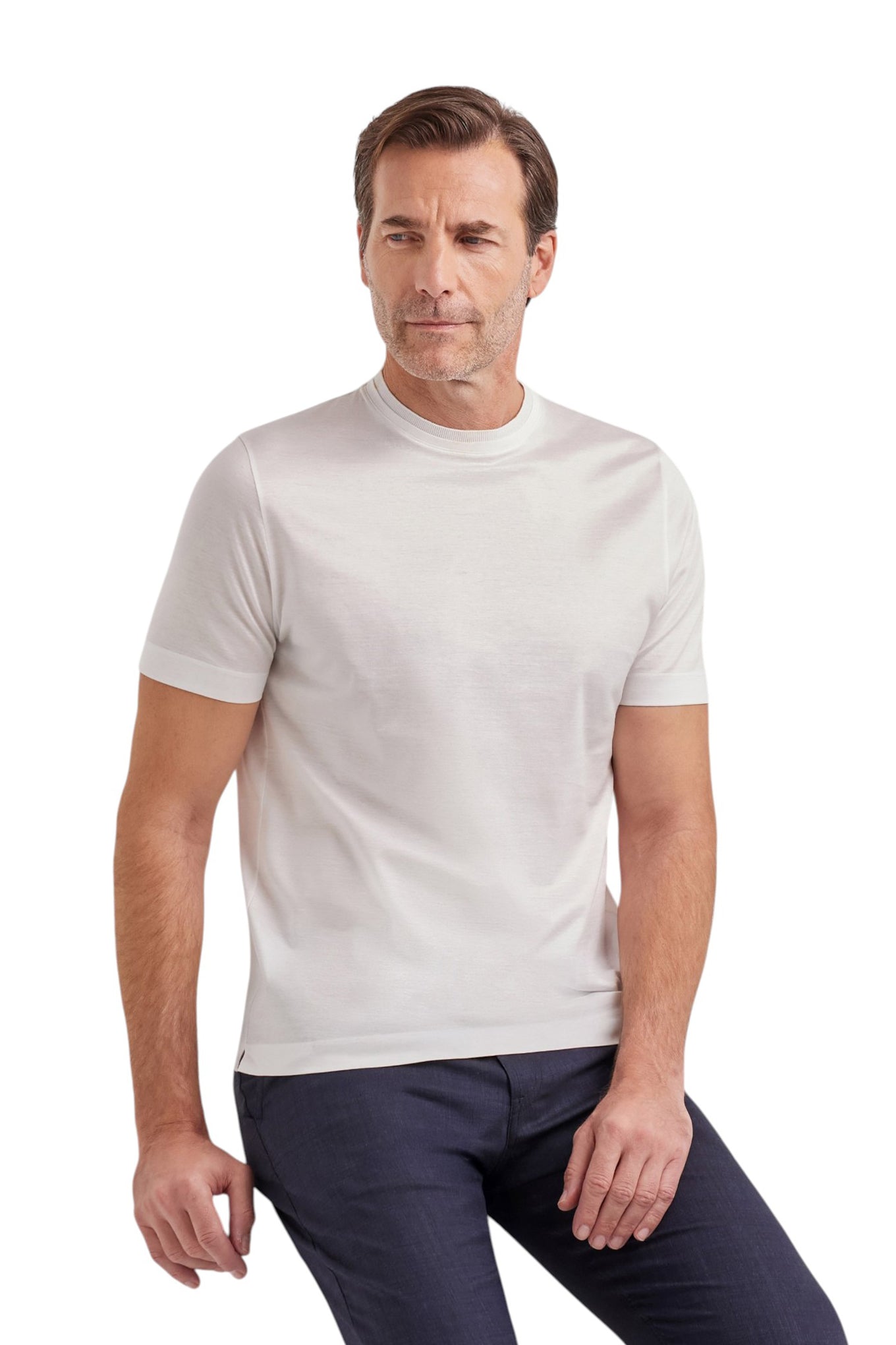 Men's white lisle cotton T-shirt with double collar