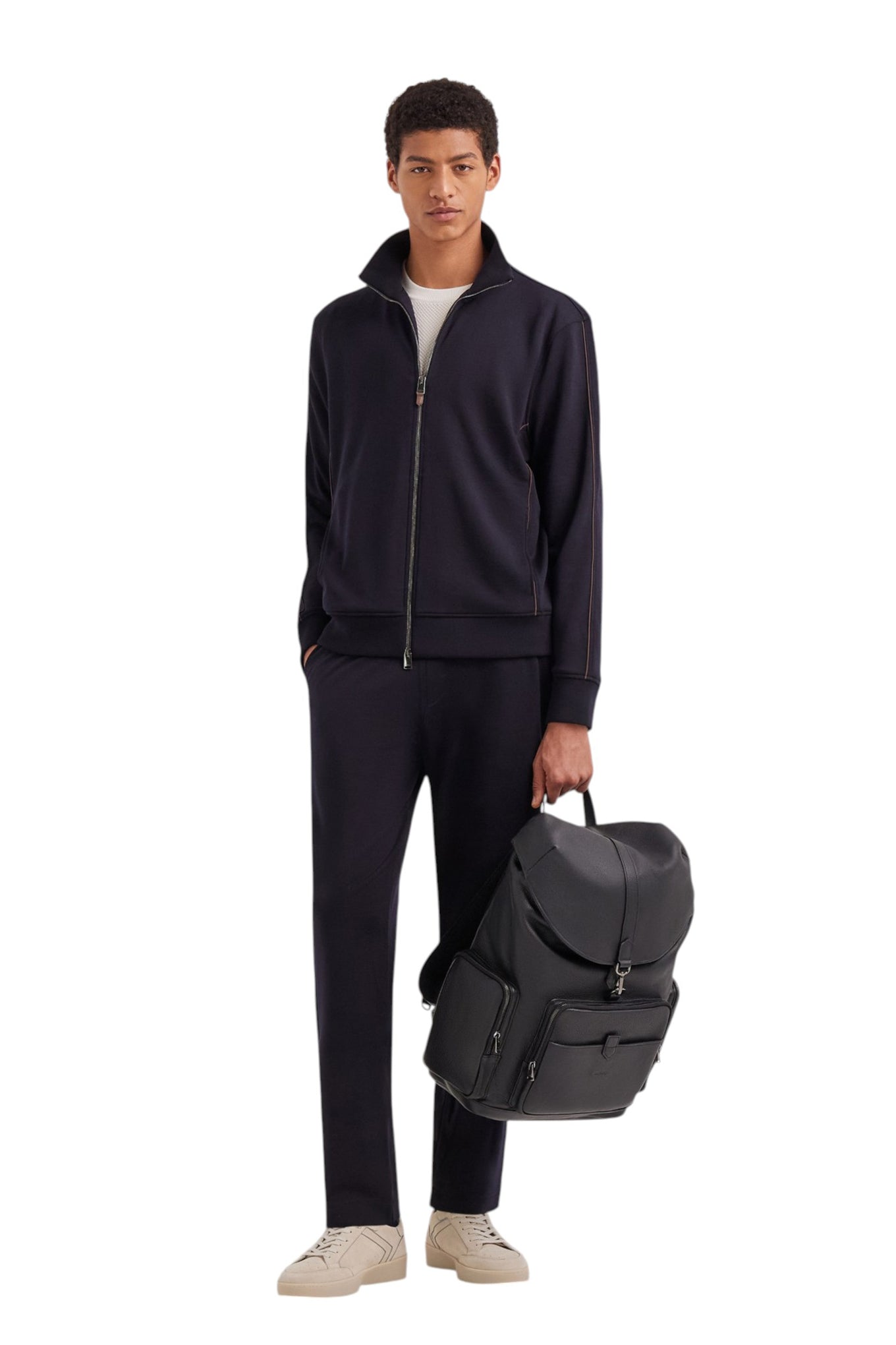 Impeccabile wool blue zippered sweatshirt with contrasting piping detail