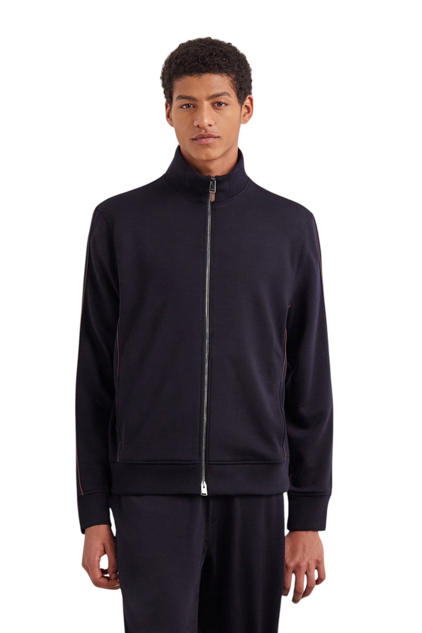 Impeccabile wool blue zippered sweatshirt with contrasting piping detail