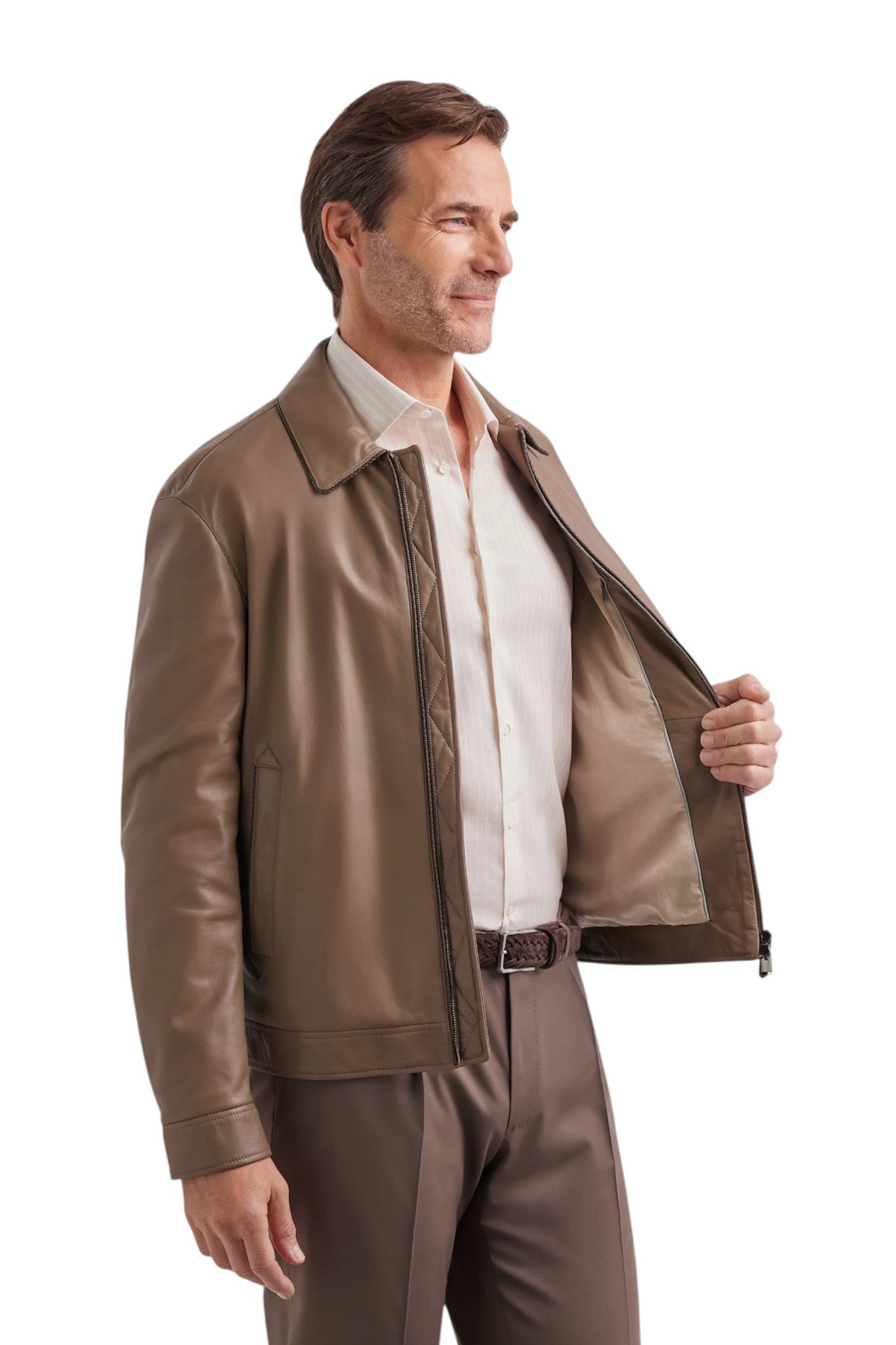 Sand-colored lambskin nappa jacket with woven details