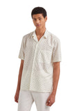White and green printed linen and cotton boxy-fit shirt