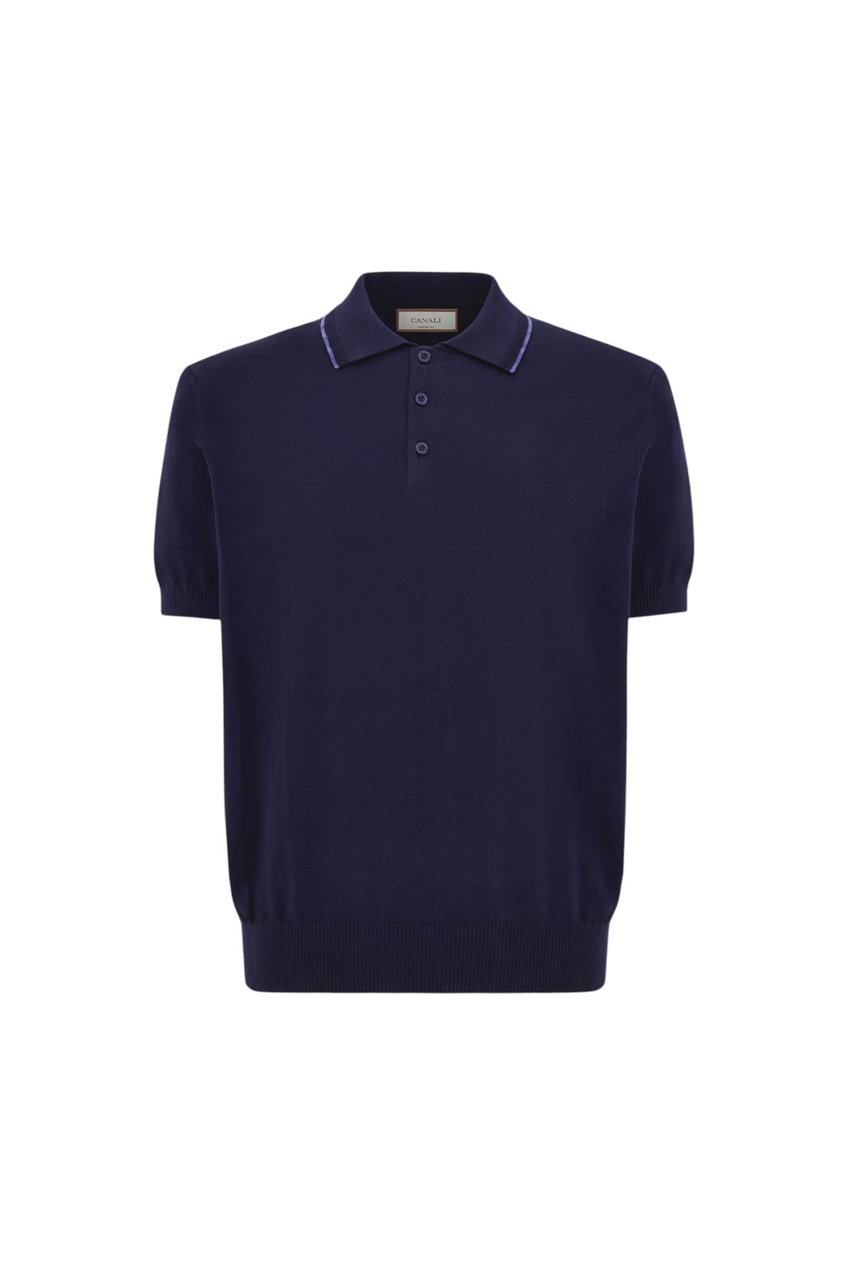 Blue garment-dyed Giza cotton polo shirt with contrasting piping