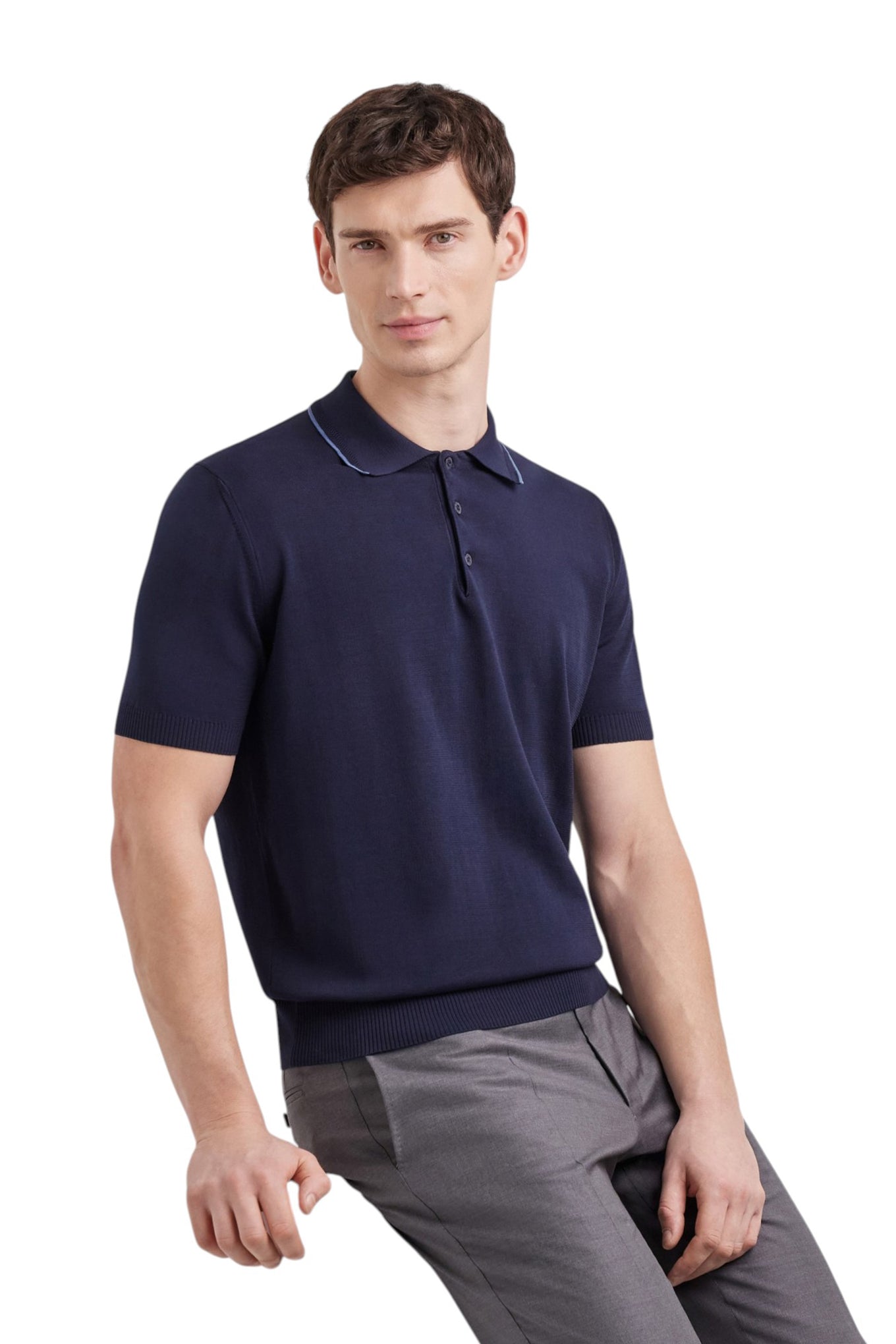 Blue garment-dyed Giza cotton polo shirt with contrasting piping