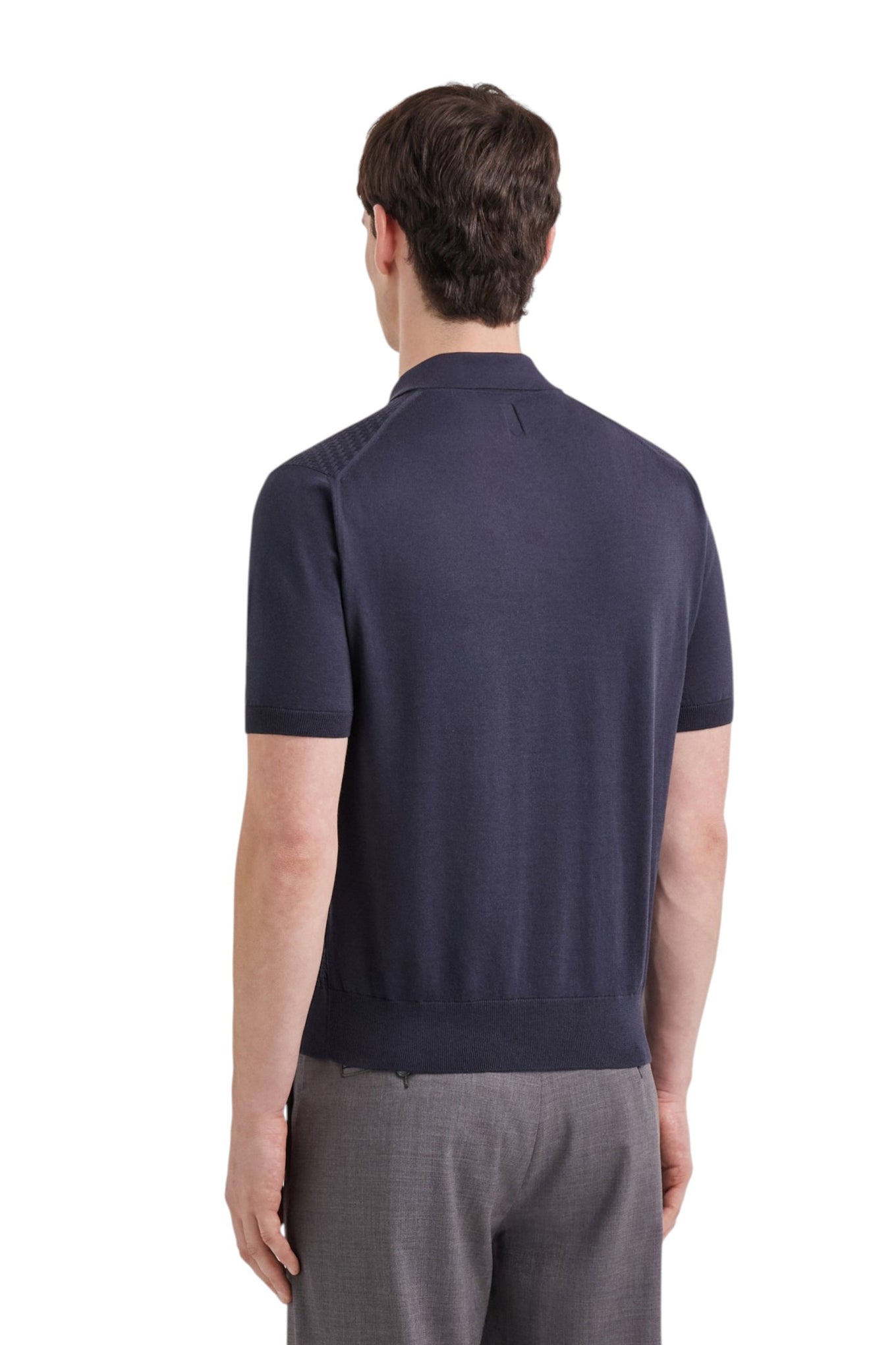 Blue cotton and silk regular-fit polo shirt with microstructure