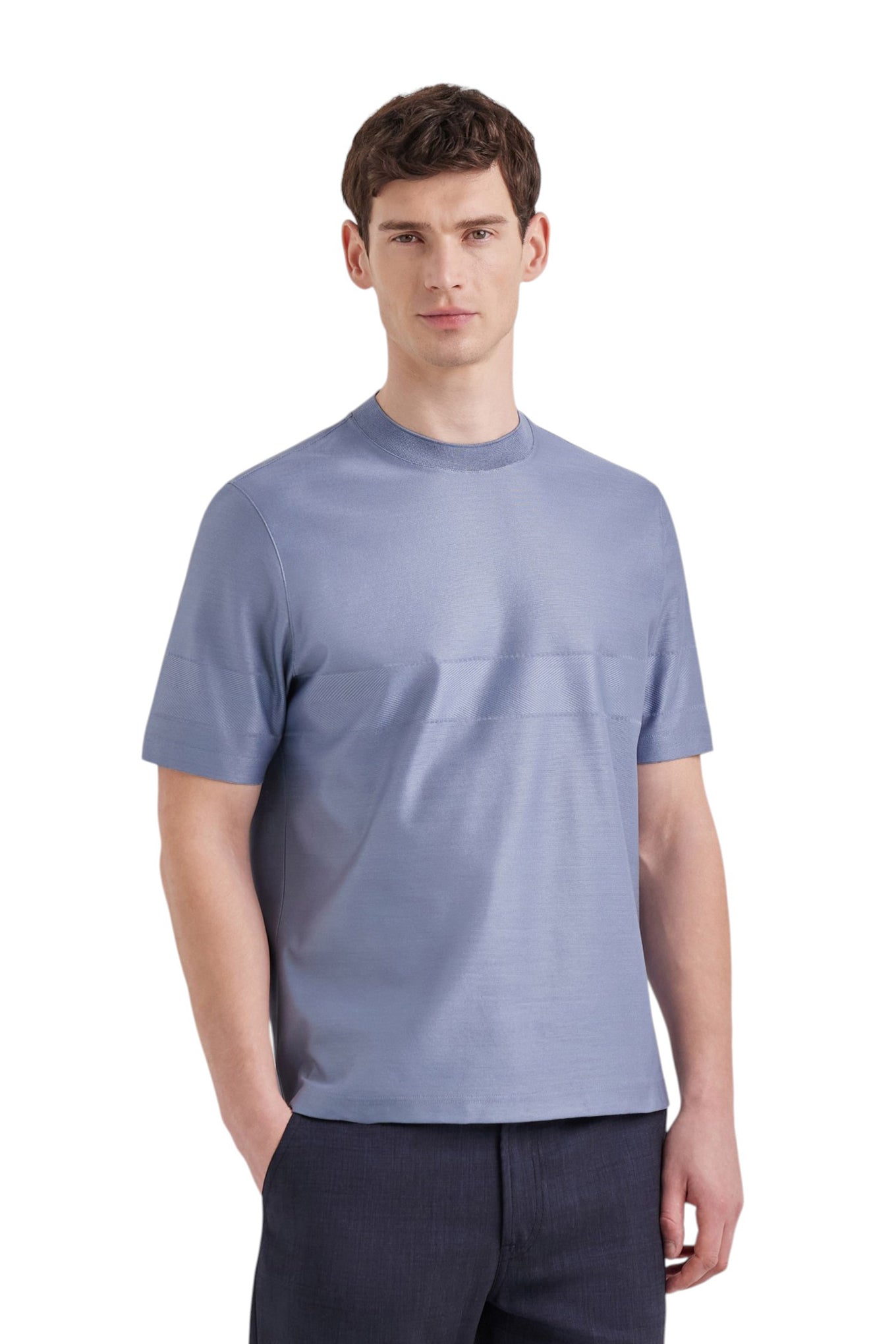 Air force blue cotton short-sleeved T-shirt with contrasting detail