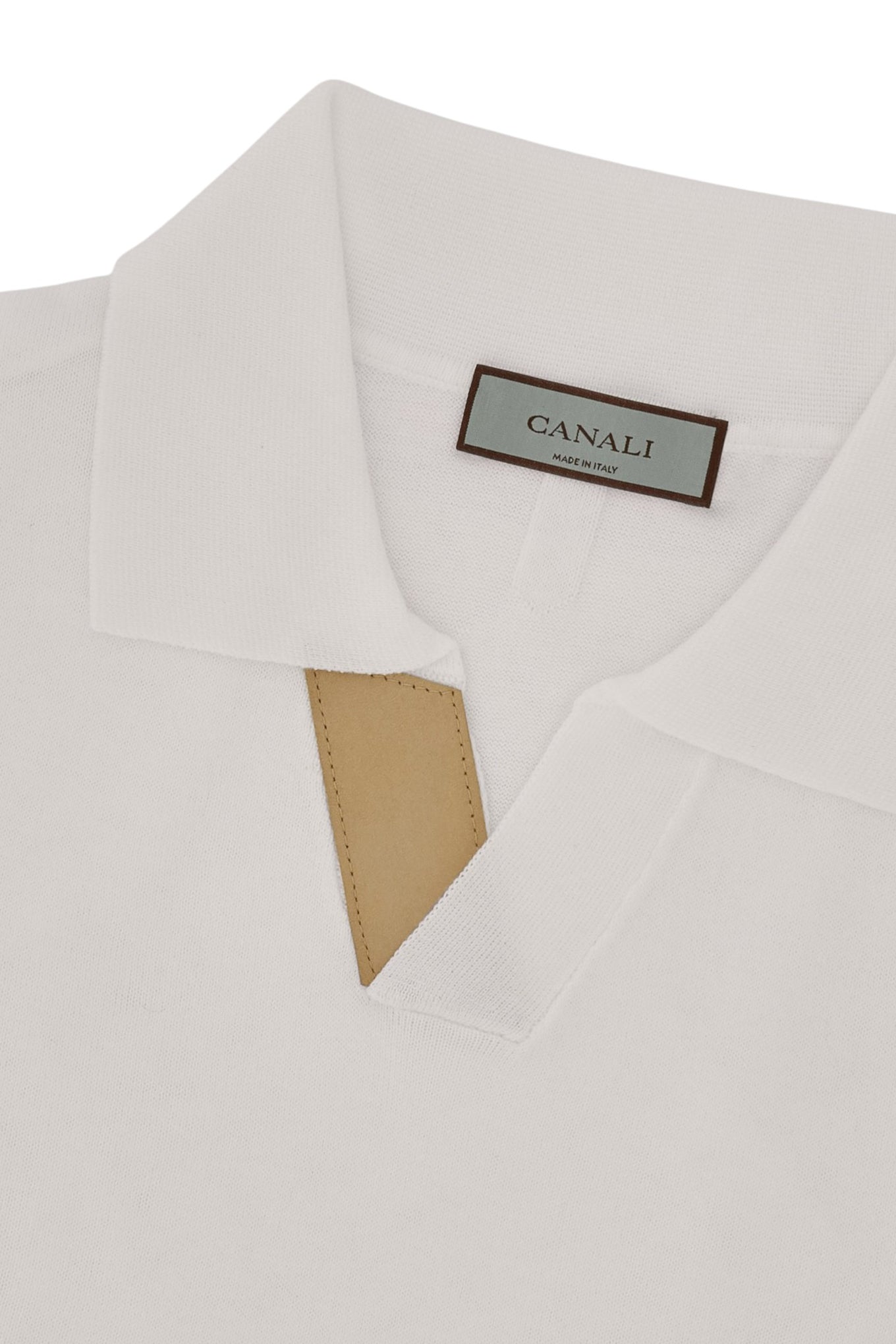 White cotton modal polo shirt with leather details