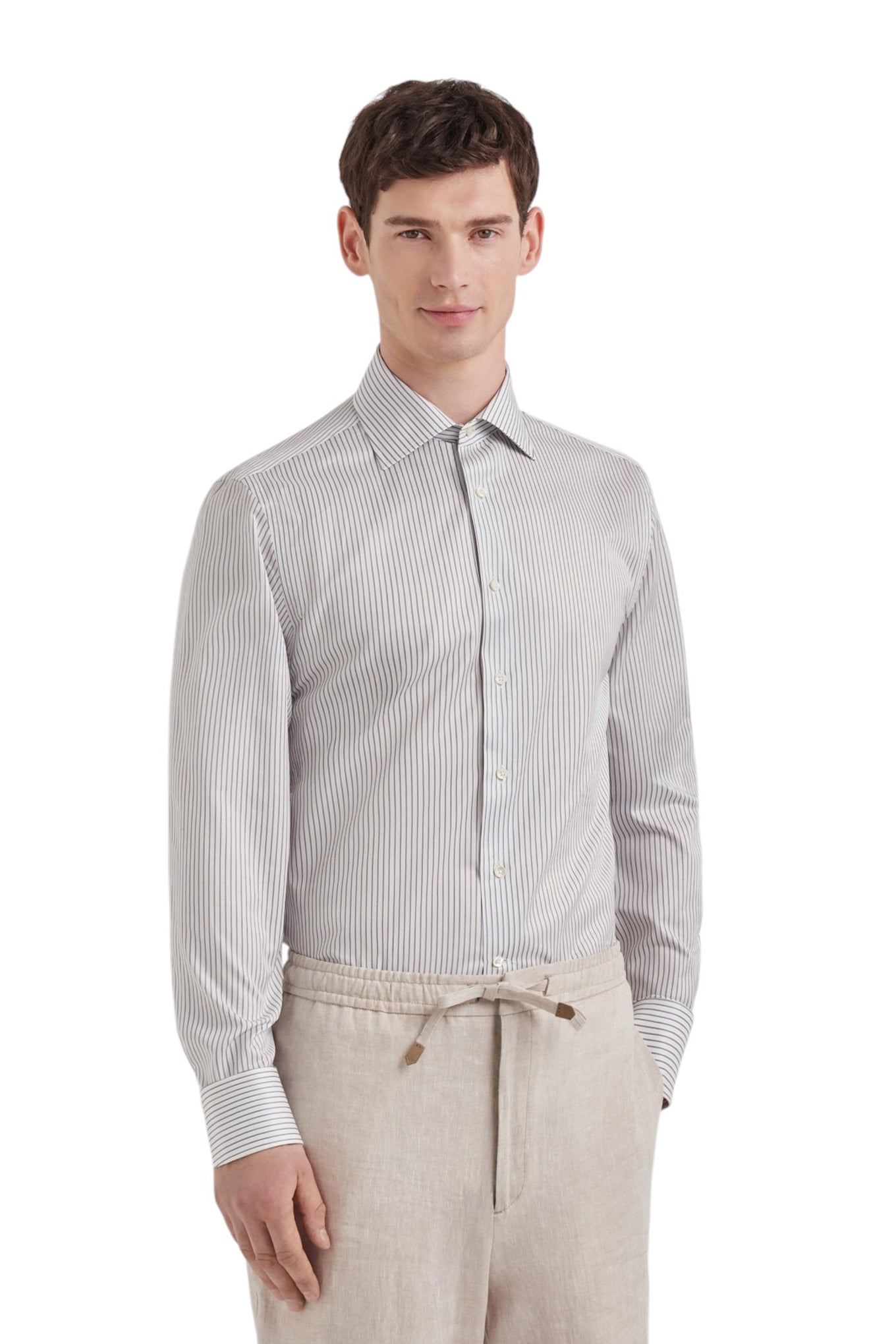 Impeccabile white cotton regular-fit shirt with green stripes