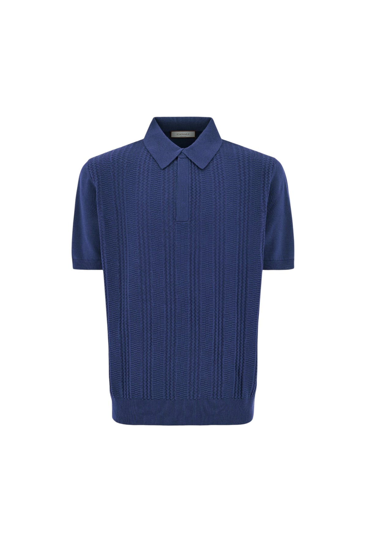 Short-sleeved denim blue polo shirt in a cotton and modal blend with micro structure
