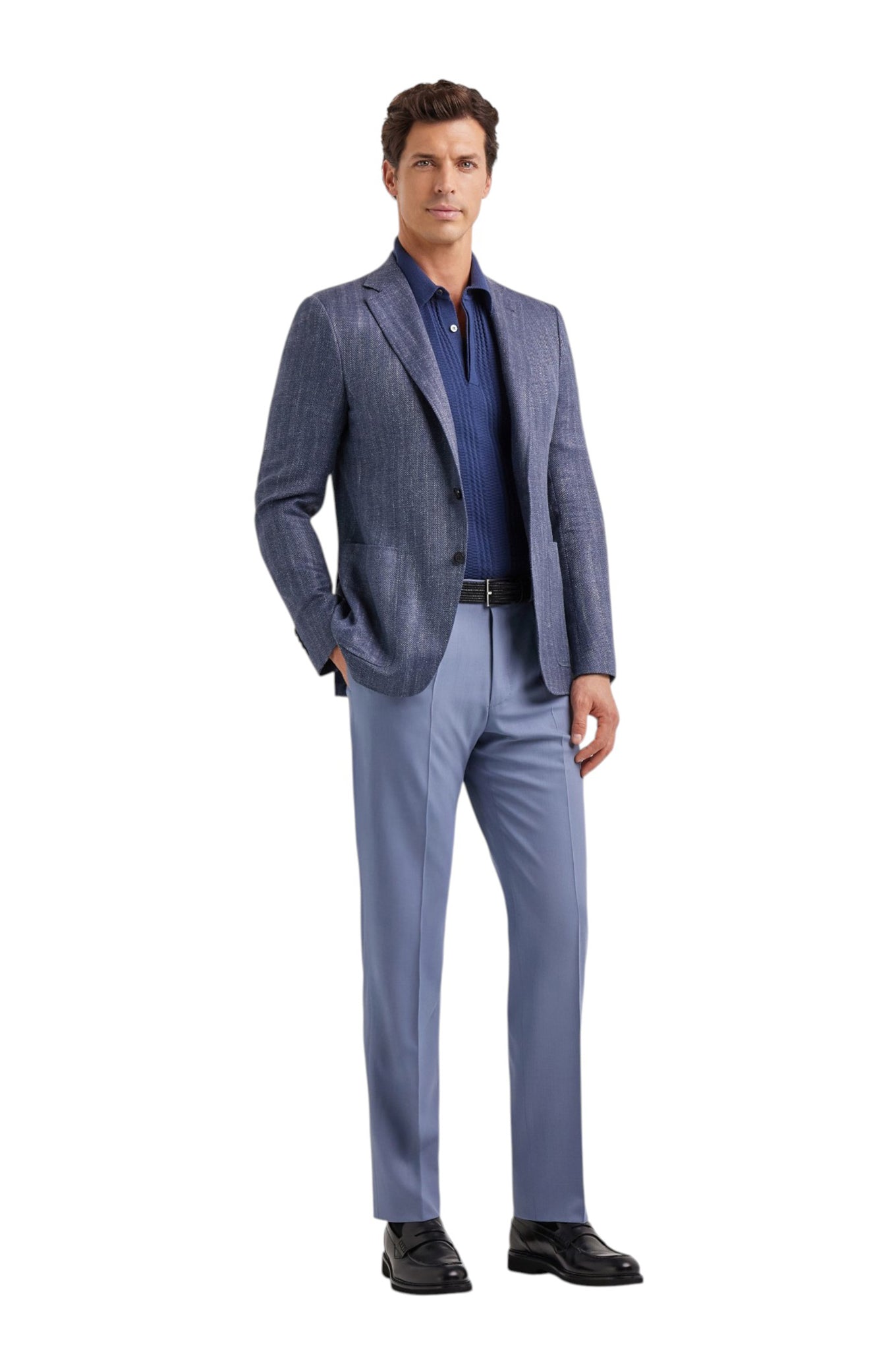 Short-sleeved denim blue polo shirt in a cotton and modal blend with micro structure