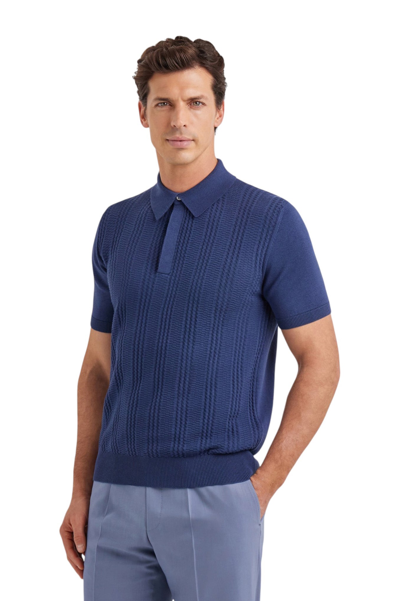 Short-sleeved denim blue polo shirt in a cotton and modal blend with micro structure