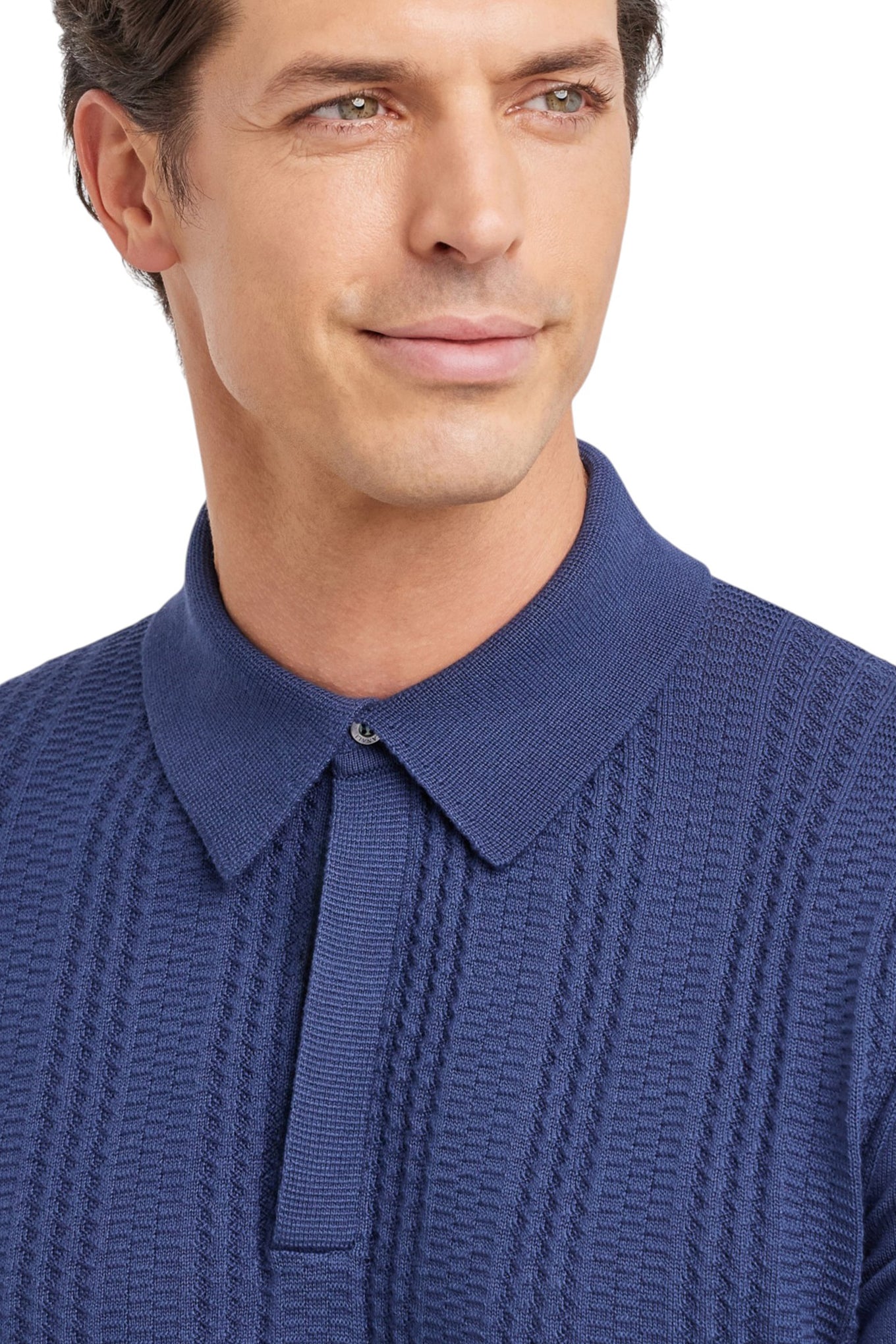 Short-sleeved denim blue polo shirt in a cotton and modal blend with micro structure
