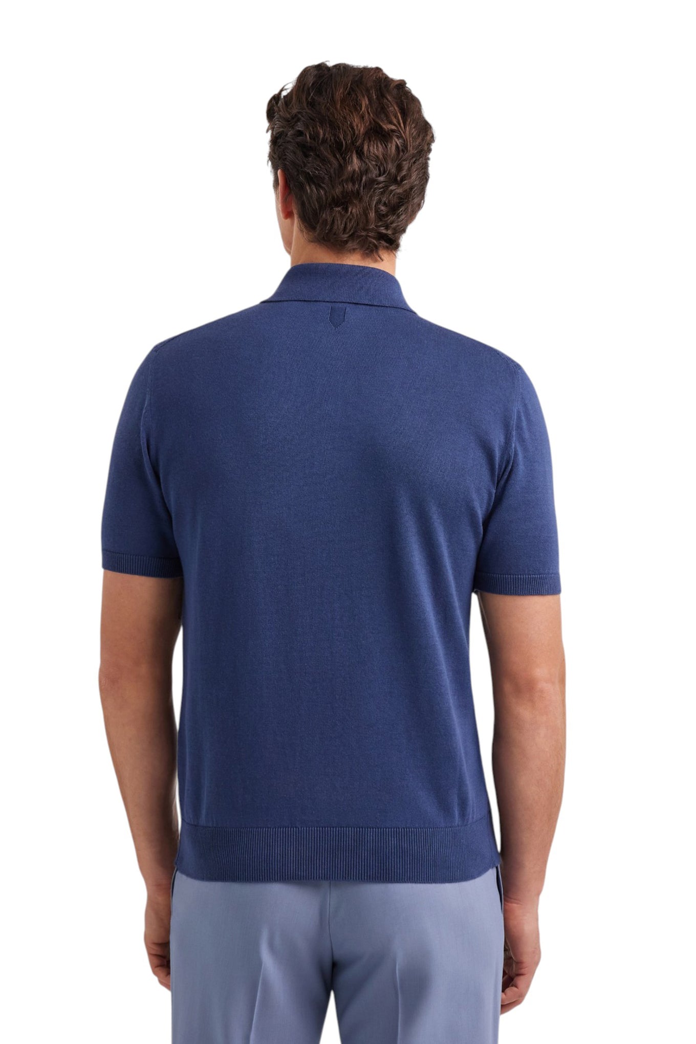 Short-sleeved denim blue polo shirt in a cotton and modal blend with micro structure