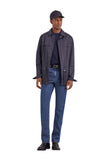 Medium blue regular fit five pocket cotton and silk blend pants