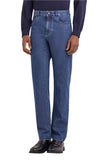 Medium blue regular fit five pocket cotton and silk blend pants