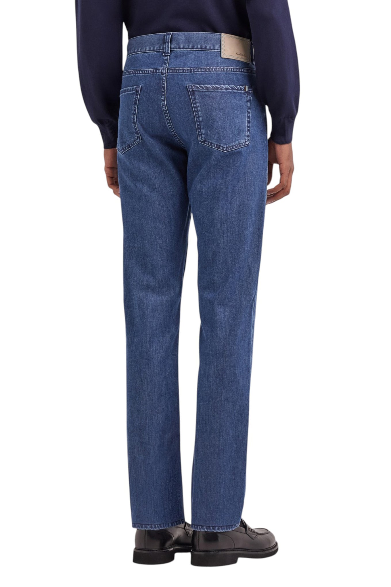 Medium blue regular fit five pocket cotton and silk blend pants