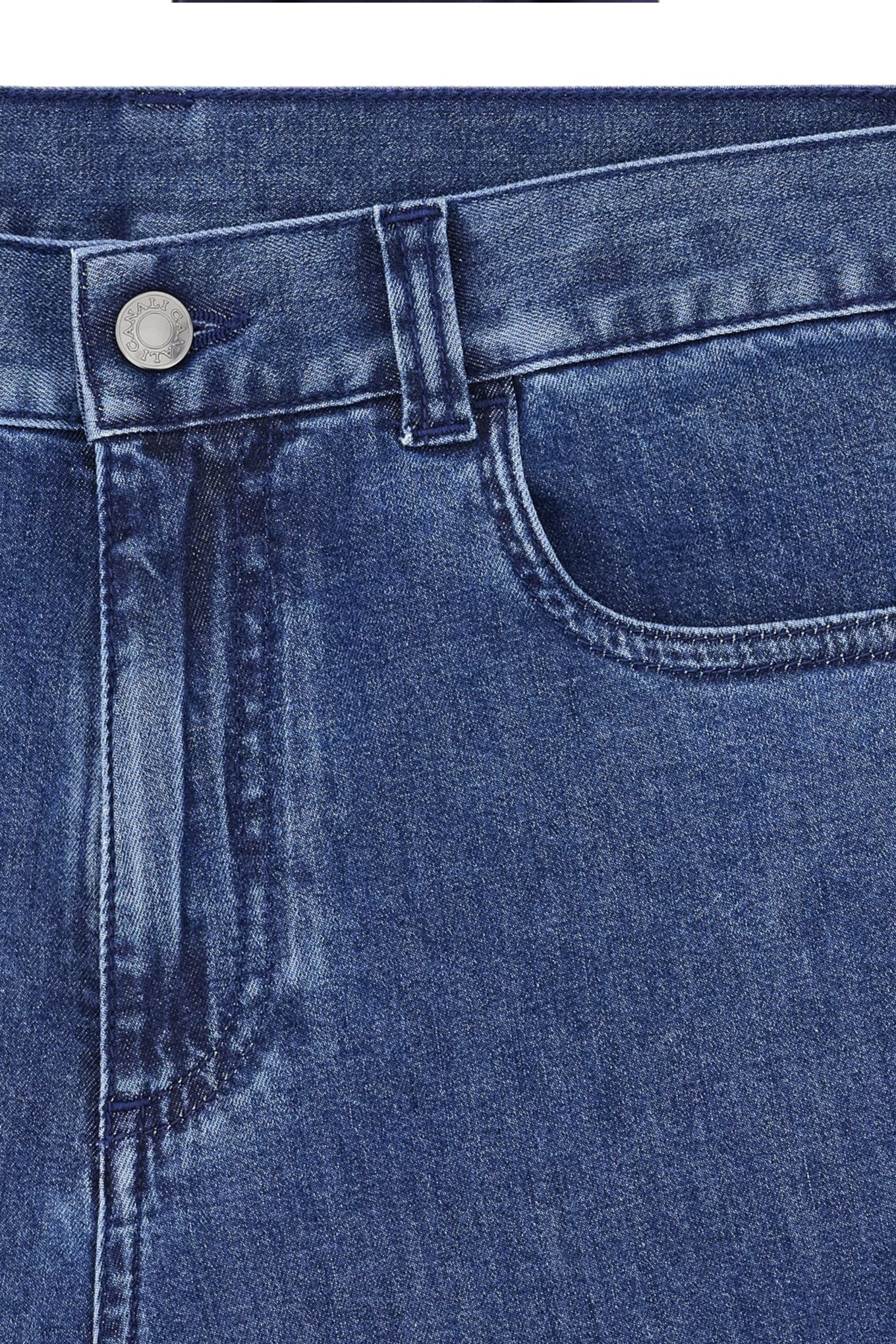 Medium blue regular fit five pocket cotton and silk blend pants
