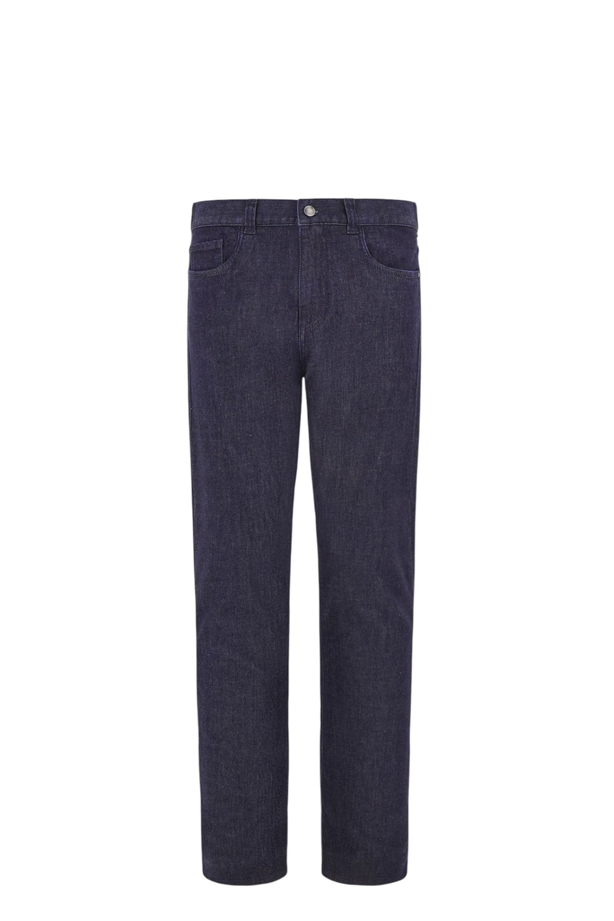 Dark blue regular fit five pocket cotton and silk blend pants