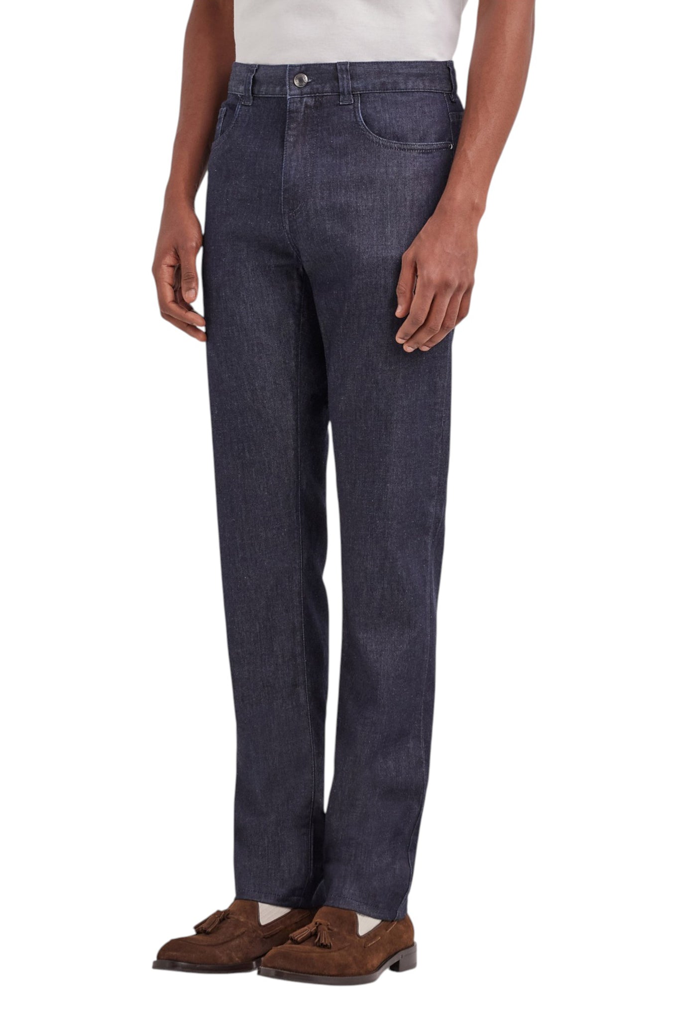 Dark blue regular fit five pocket cotton and silk blend pants