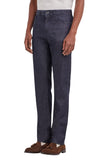 Dark blue regular fit five pocket cotton and silk blend pants
