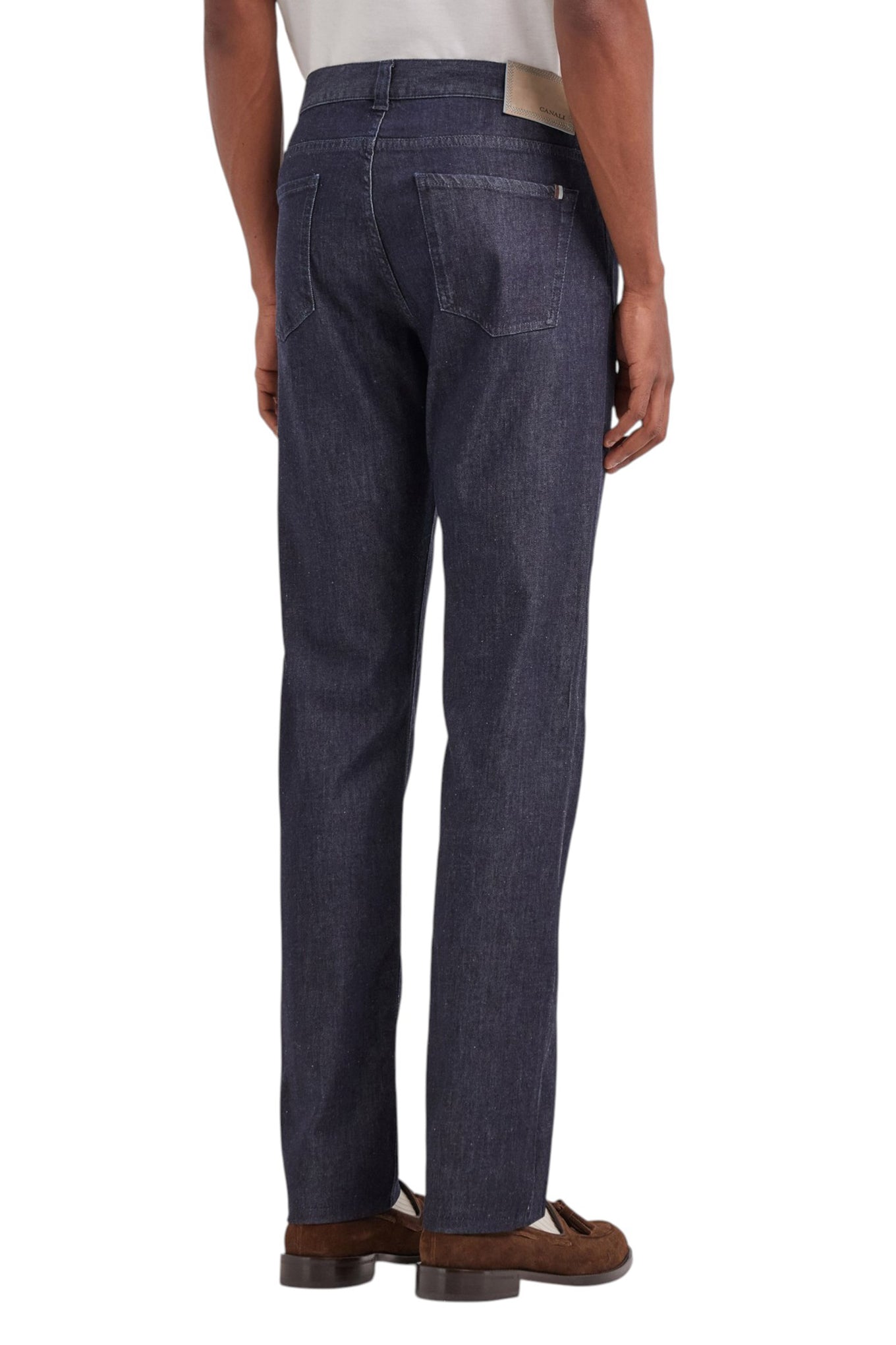 Dark blue regular fit five pocket cotton and silk blend pants