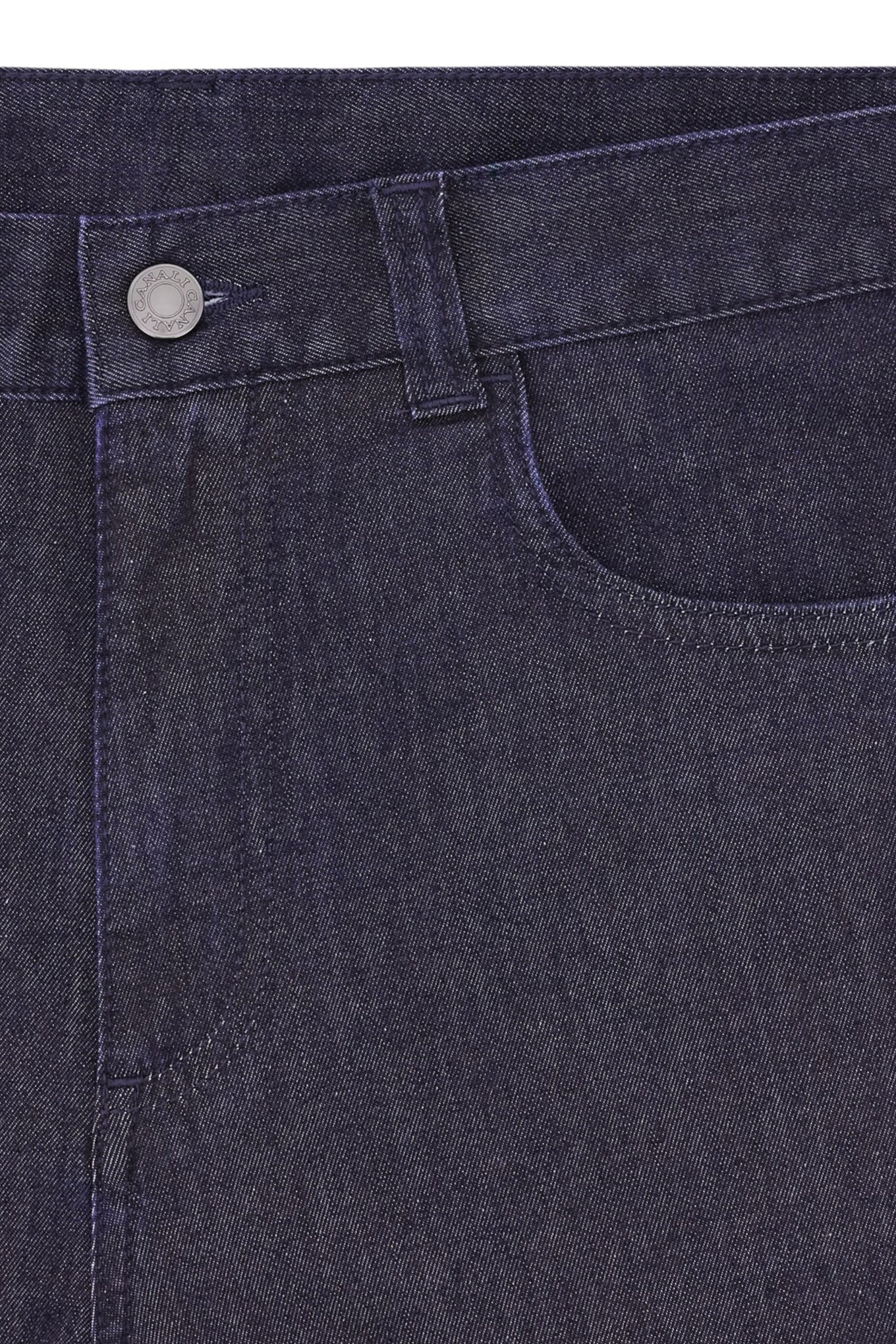 Dark blue regular fit five pocket cotton and silk blend pants