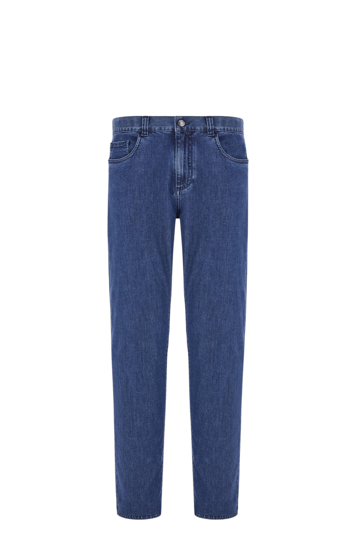 Medium blue regular fit five pocket cotton and silk blend pants