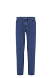Medium blue regular fit five pocket cotton and silk blend pants