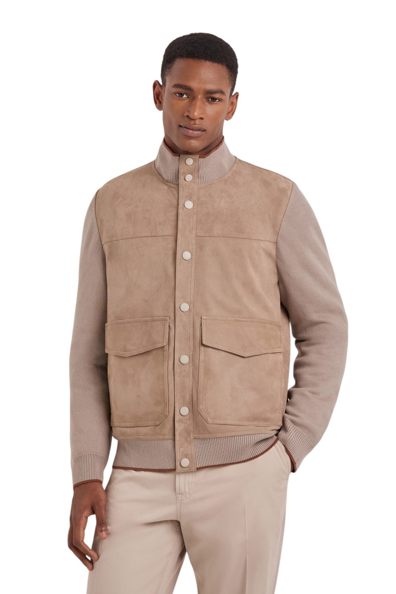 Caramel mixed-material ultralight suede bomber jacket with knit inserts