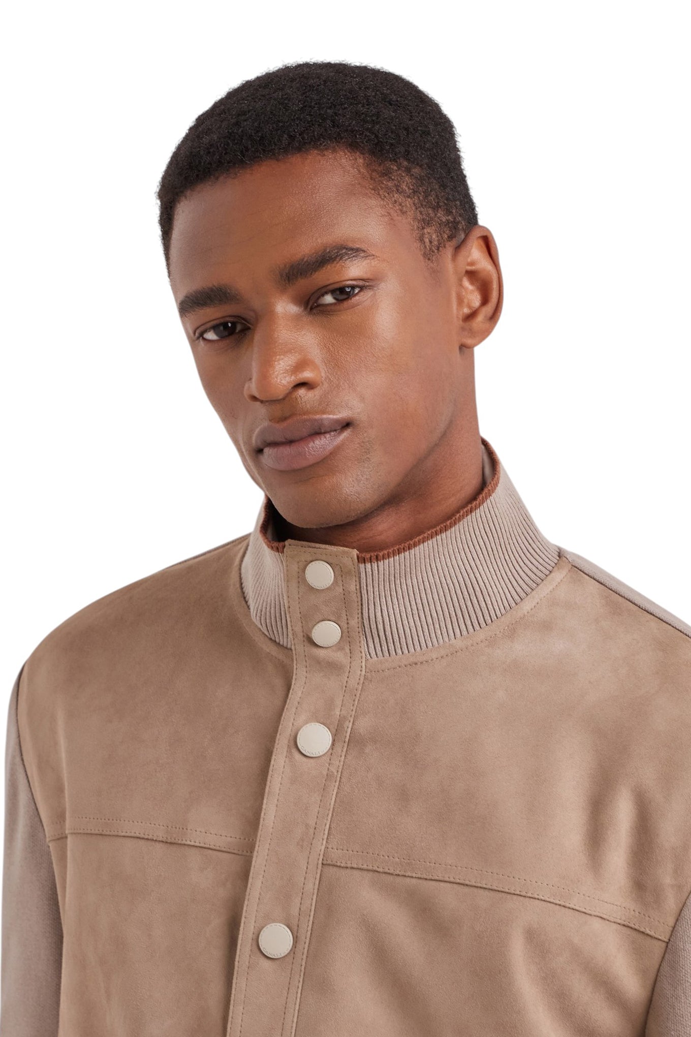 Caramel mixed-material ultralight suede bomber jacket with knit inserts