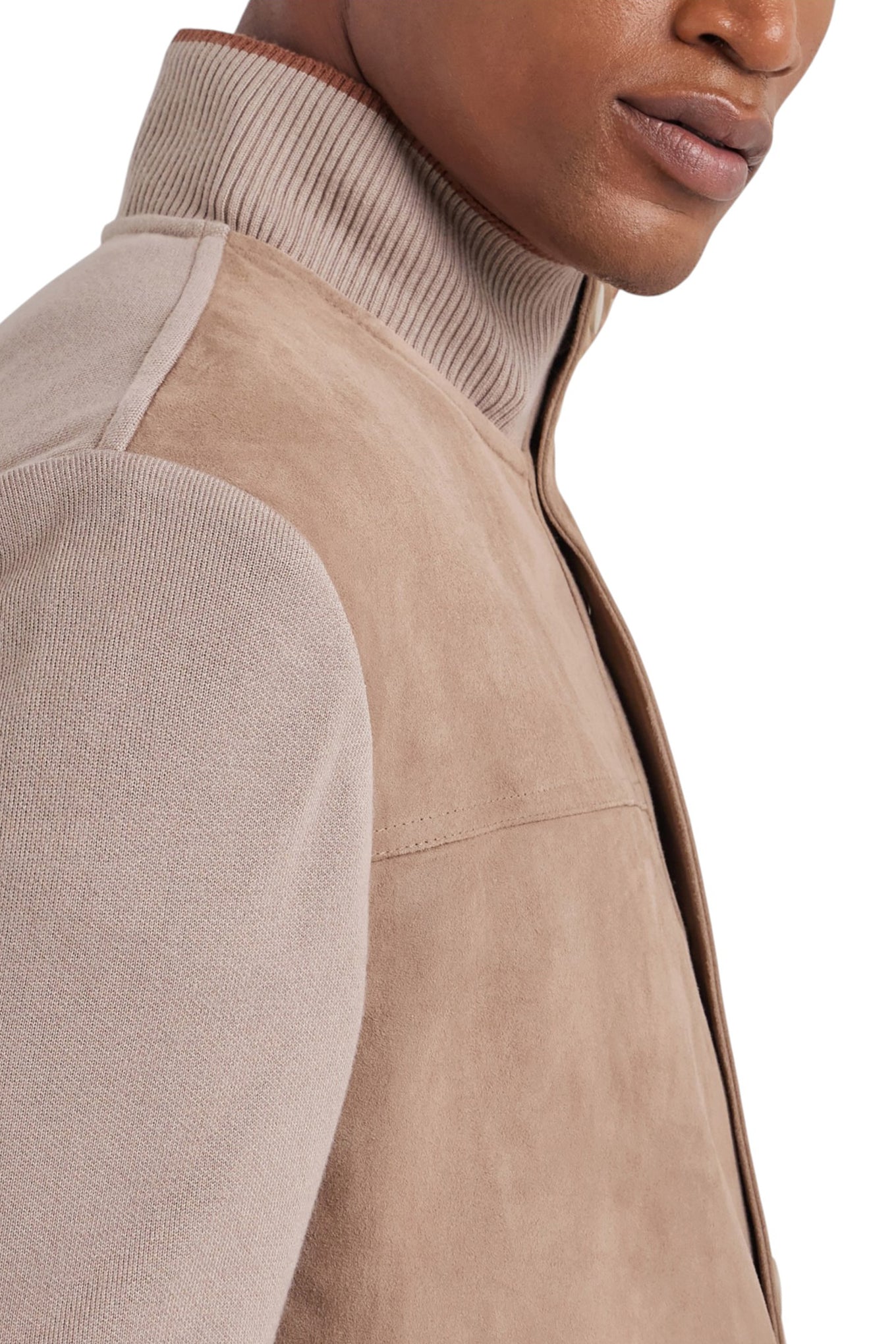 Caramel mixed-material ultralight suede bomber jacket with knit inserts