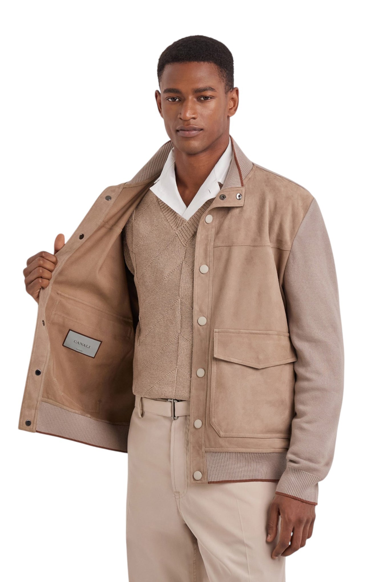 Caramel mixed-material ultralight suede bomber jacket with knit inserts