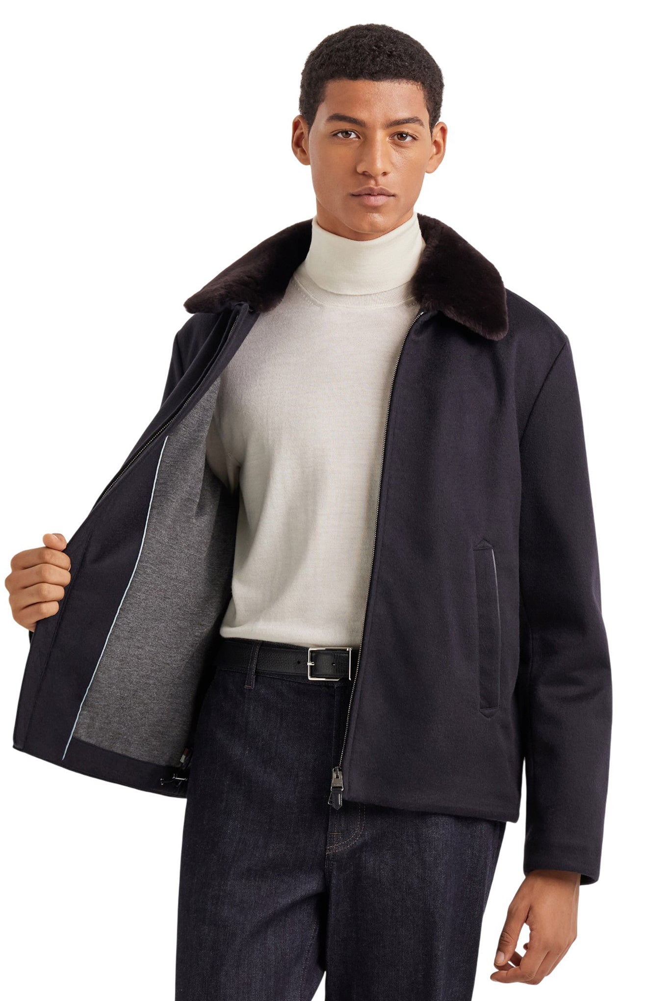 Blue cashmere jacket with membrane and leather details