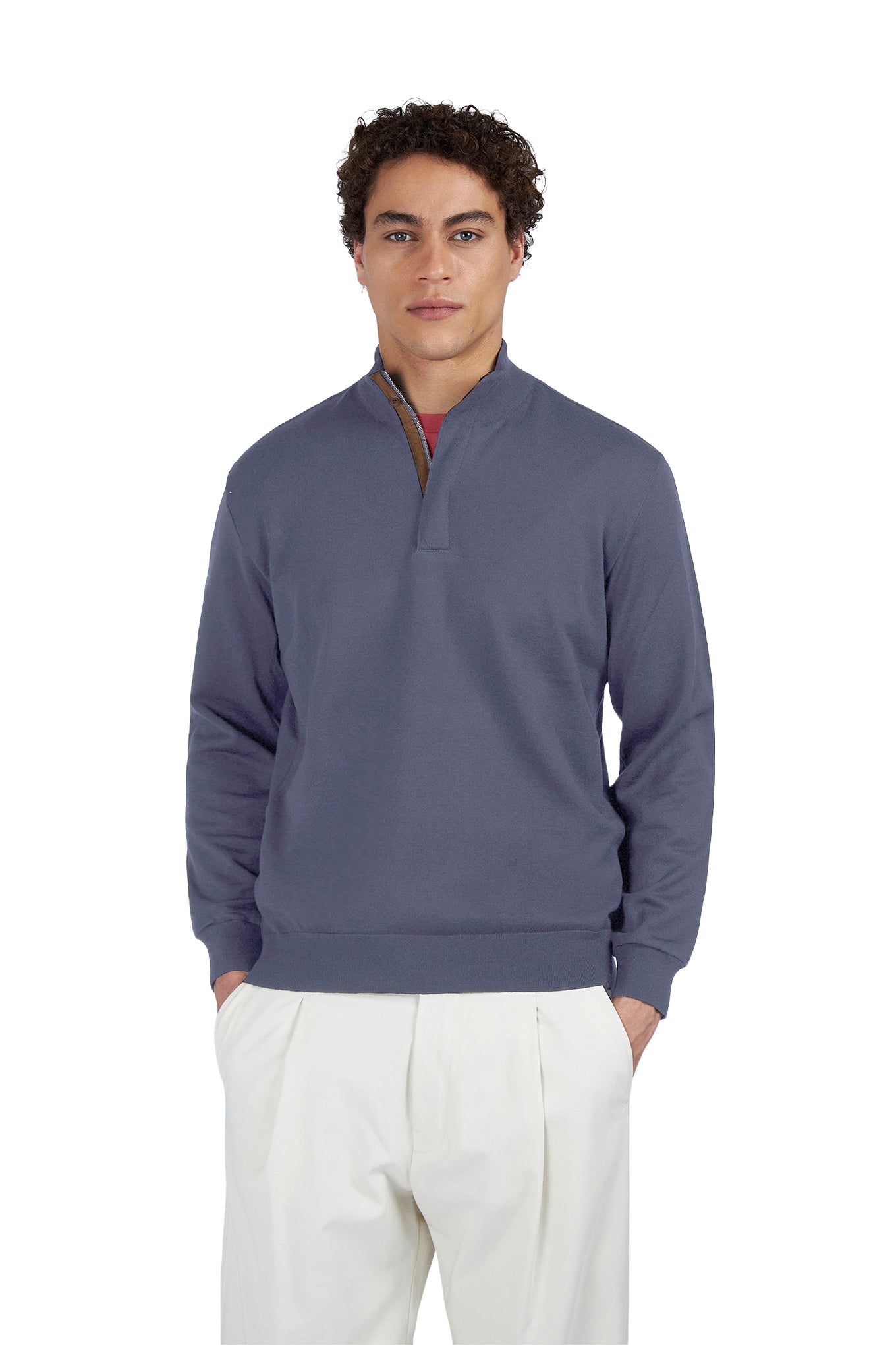 Summer Wool half zip sweater with Alcantara details