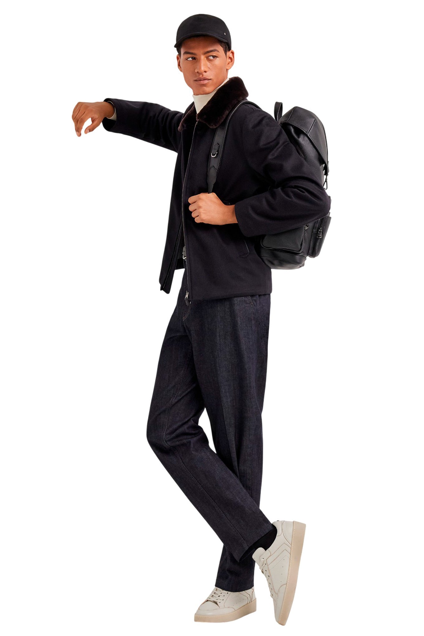 Blue cashmere jacket with membrane and leather details