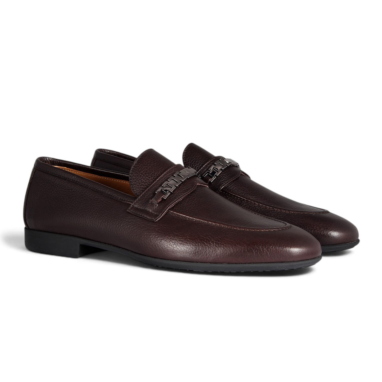 Dark Brown Textured Leather Metal-Bit Loafers