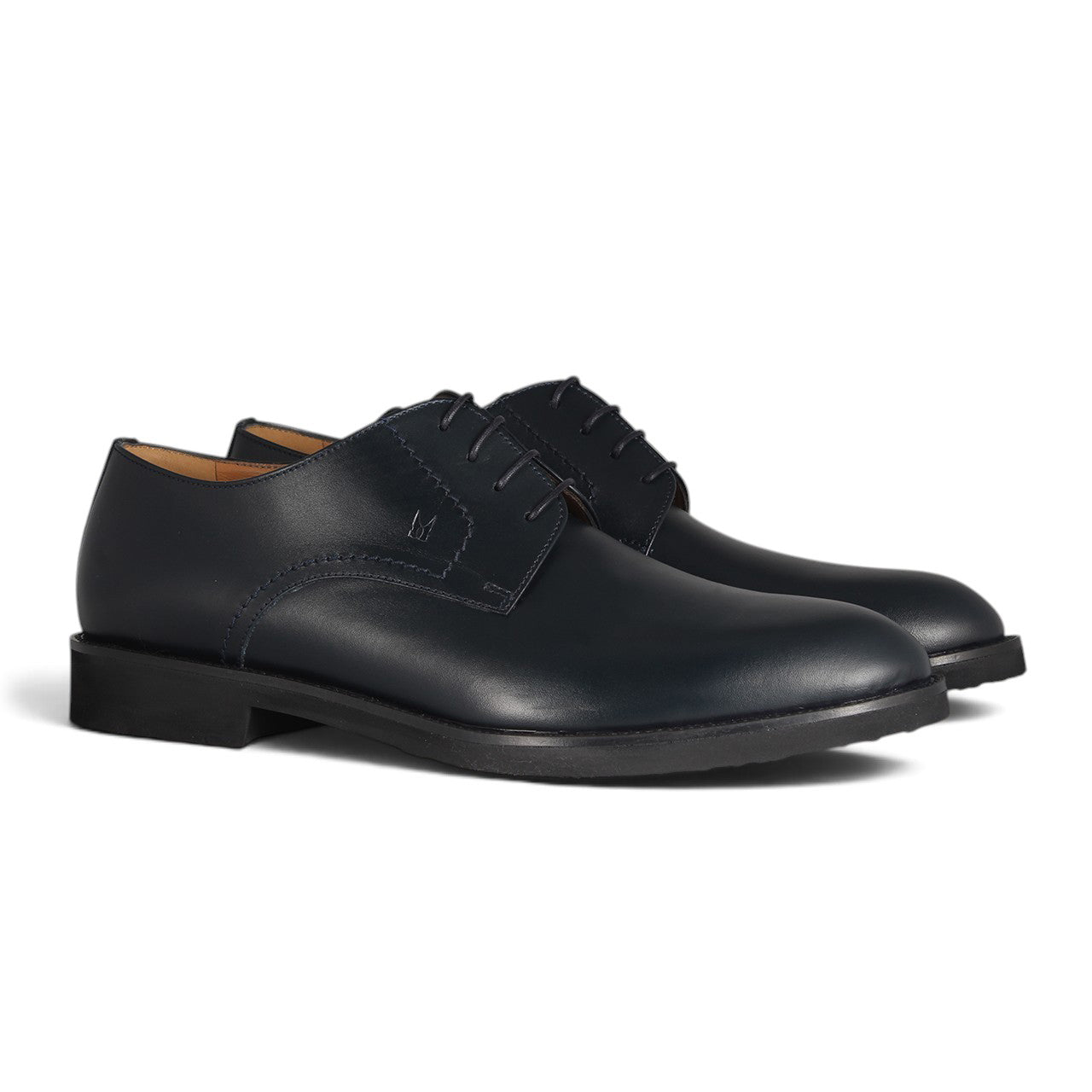 Navy Blue Leather Plain-Toe Derby Shoes