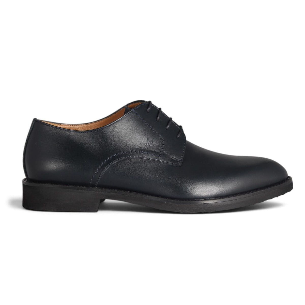 Navy Blue Leather Plain-Toe Derby Shoes