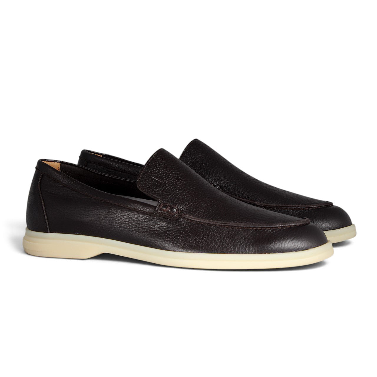 Dark Brown Textured Leather Slip-On Loafers with Contrast Rubber Sole