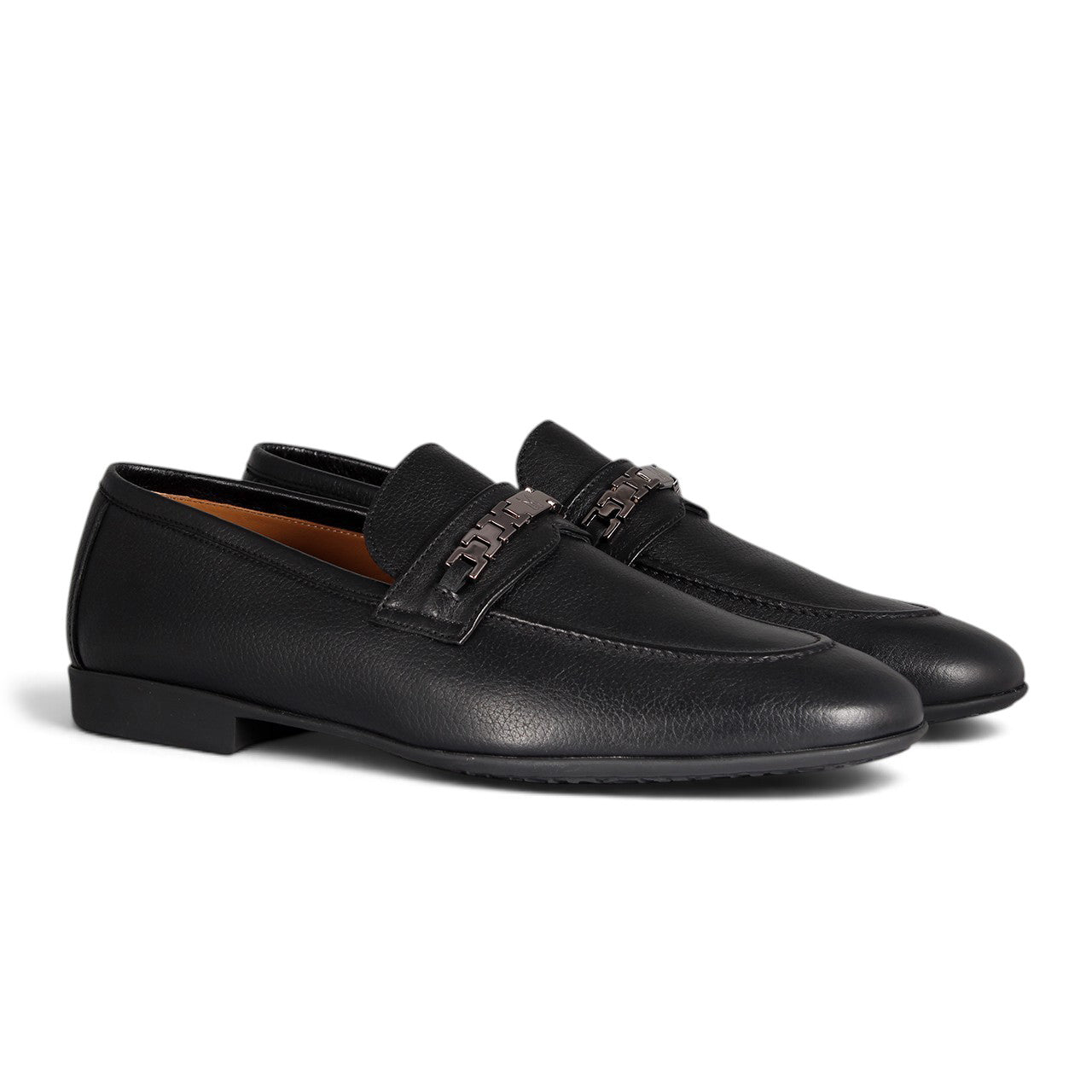 Black Textured Leather Metal-Bit Loafers