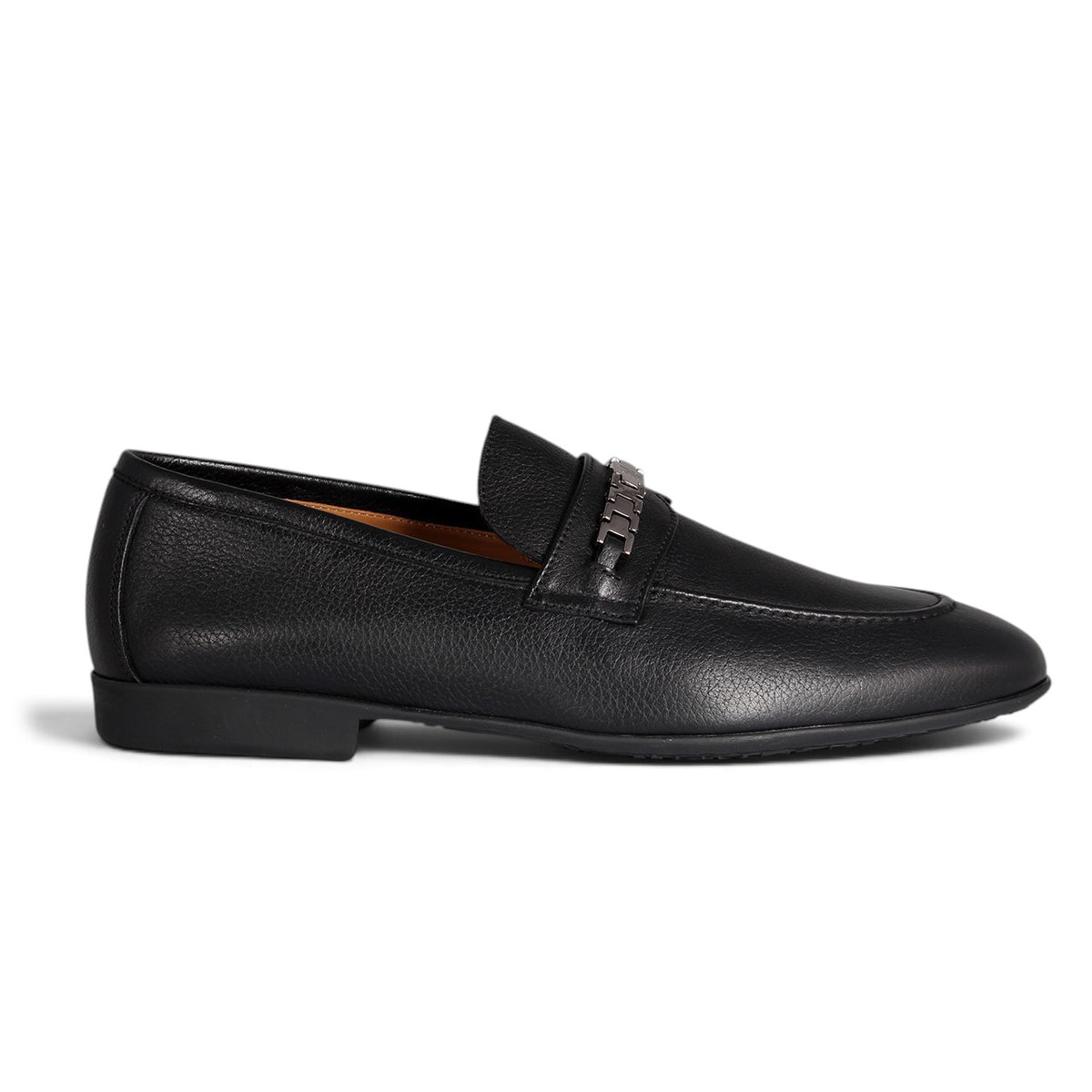 Black Textured Leather Metal-Bit Loafers