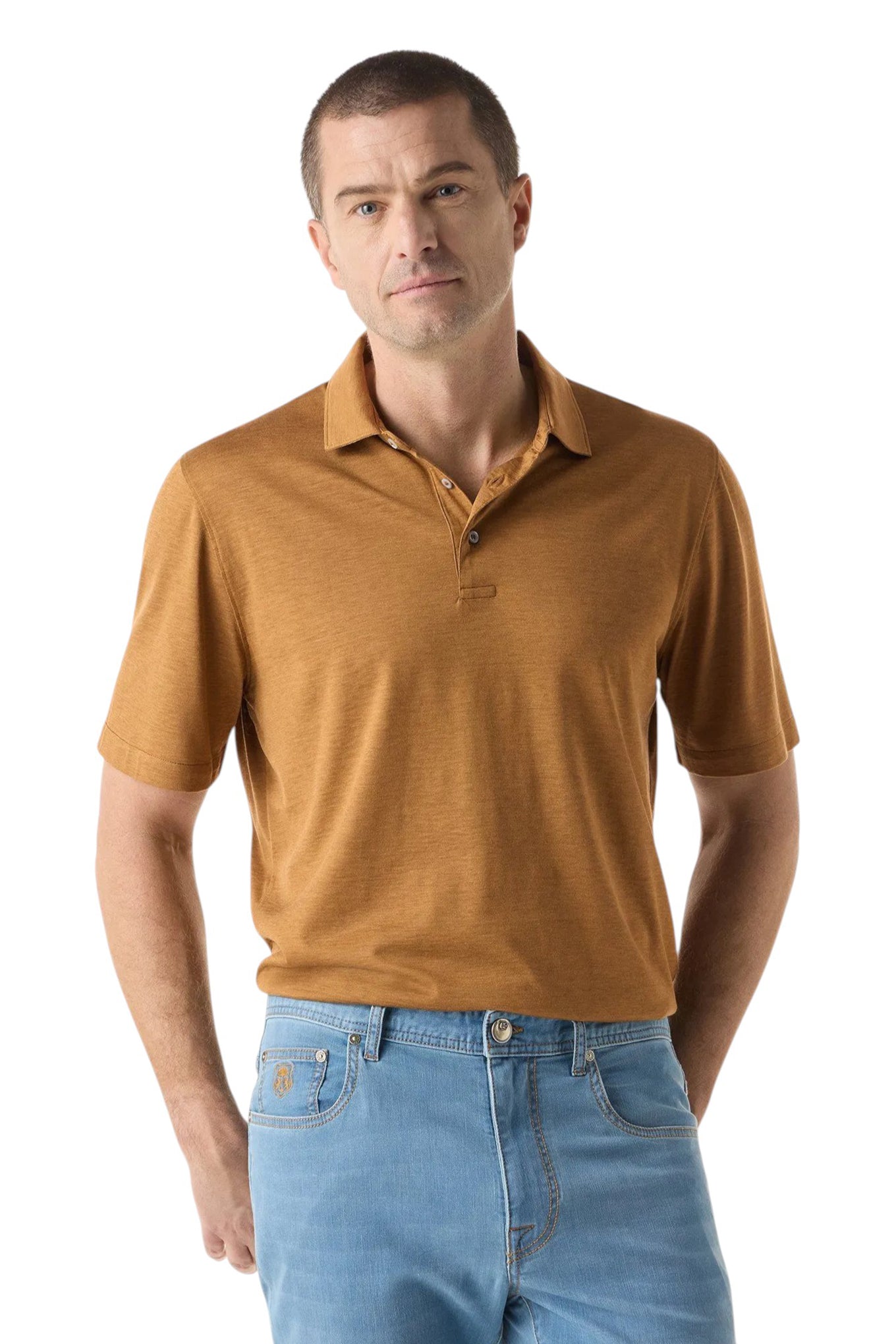 Mustard-coloured luxury jersey polo shirt with buttons