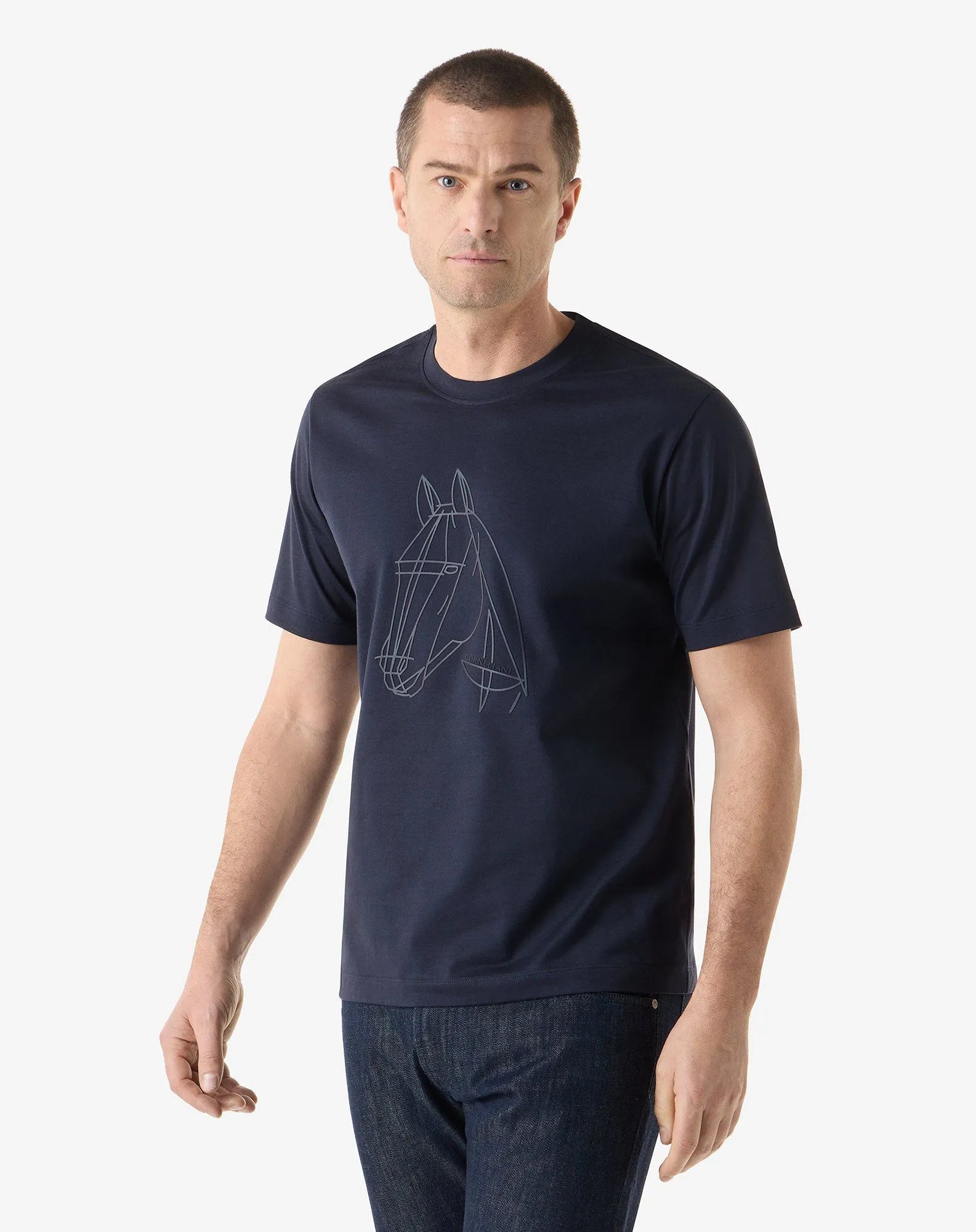 Blue navy crewneck jersey t-shirt with print