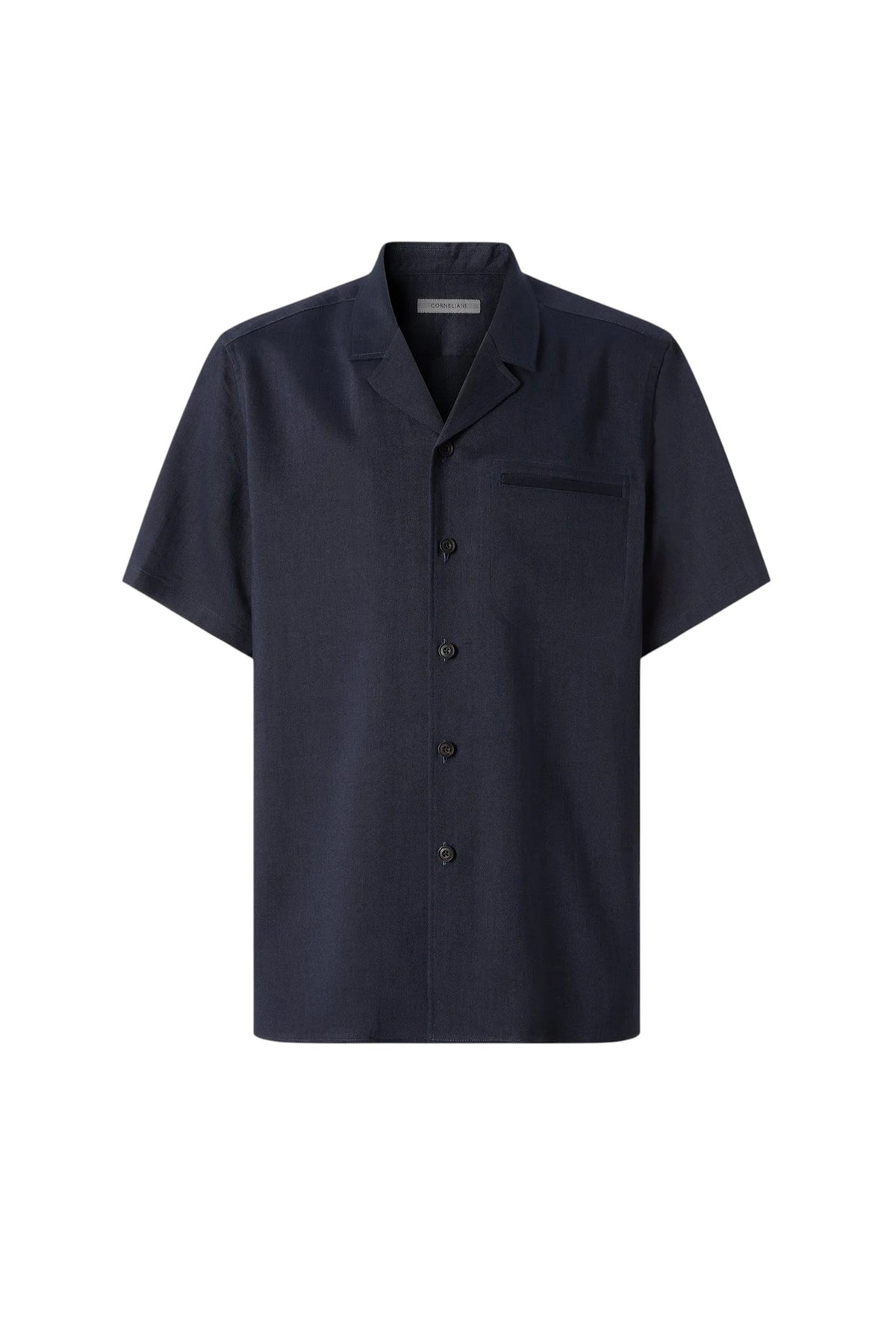 Short-sleeved navy blue linen, wool and mohair shirt