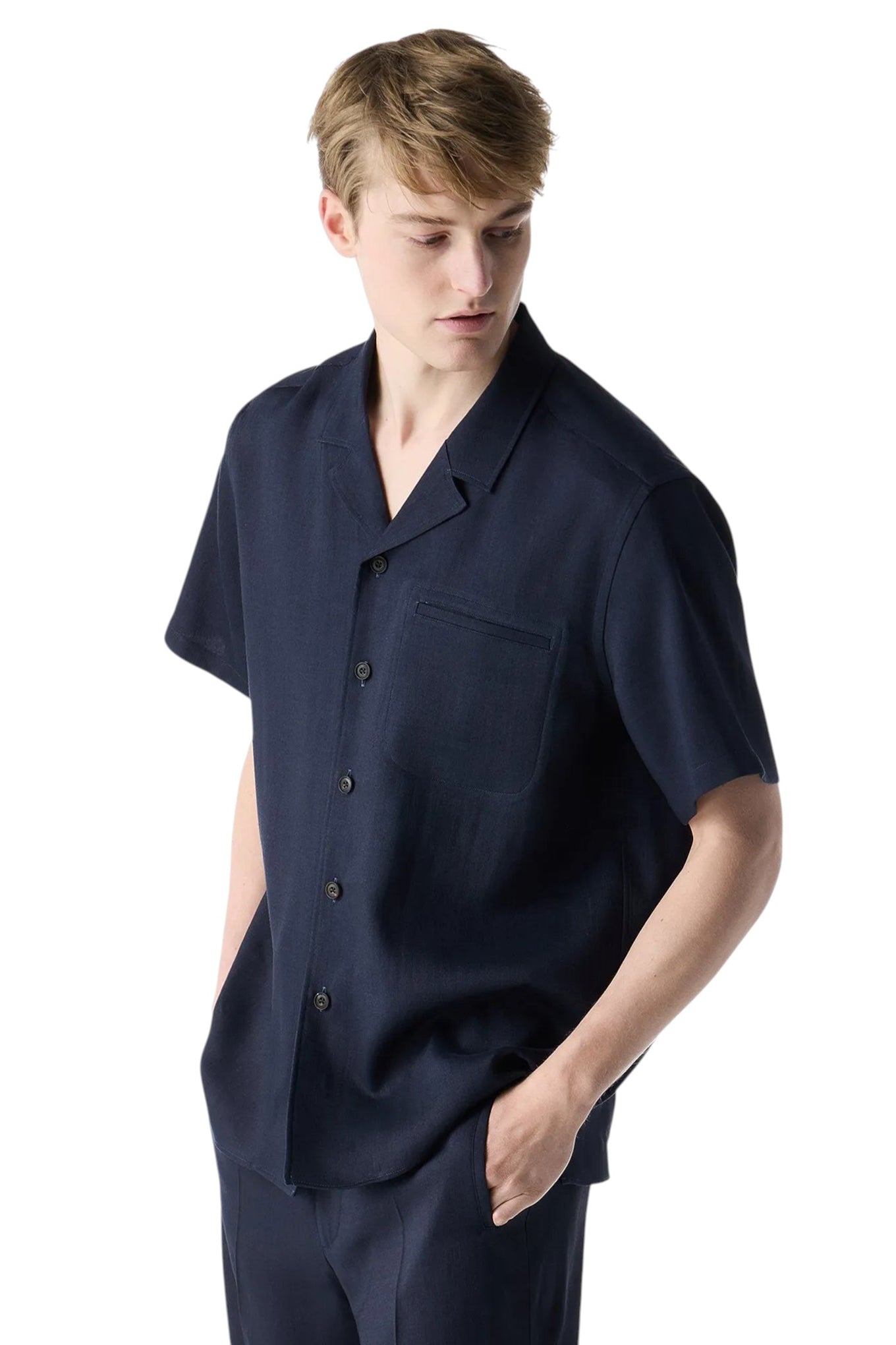 Short-sleeved navy blue linen, wool and mohair shirt