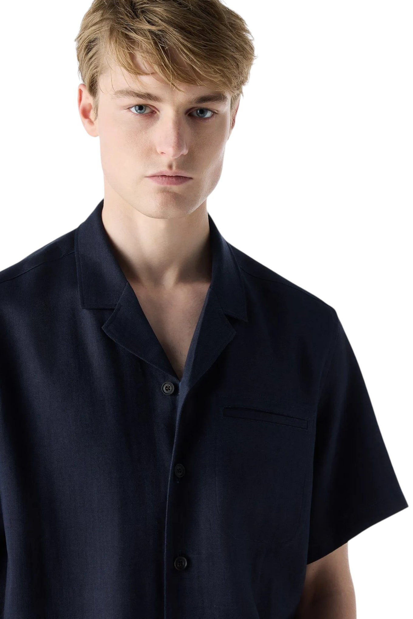 Short-sleeved navy blue linen, wool and mohair shirt